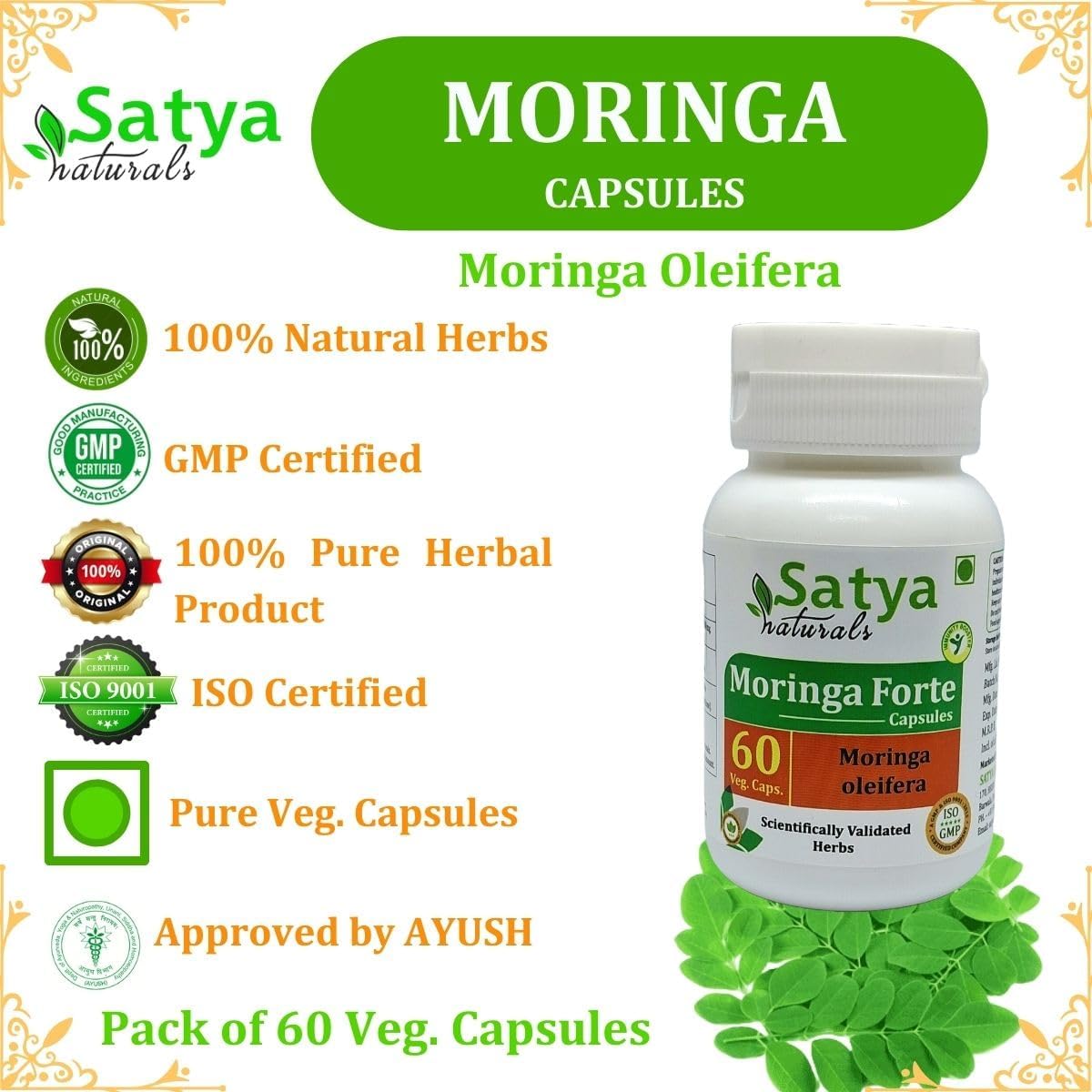 Ayurvedic Moringa Forte Capsules 500mg for Men & Women - Satya Naturals Sahijan Extract Supplement - Herbal Remedy 10:1 Forte (1 Bottle 60 Caps)