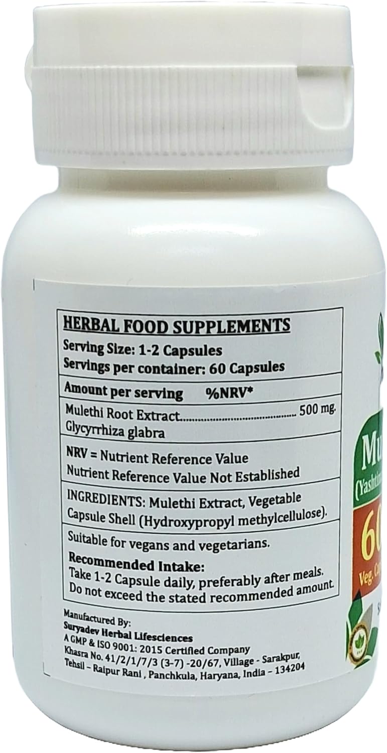 Ayurvedic Mulethi Forte Capsules 500mg | 60 Vegetarian Capsules | Yasthimadhu Extract for Men & Women | Herbal Supplement (1 Bottle)