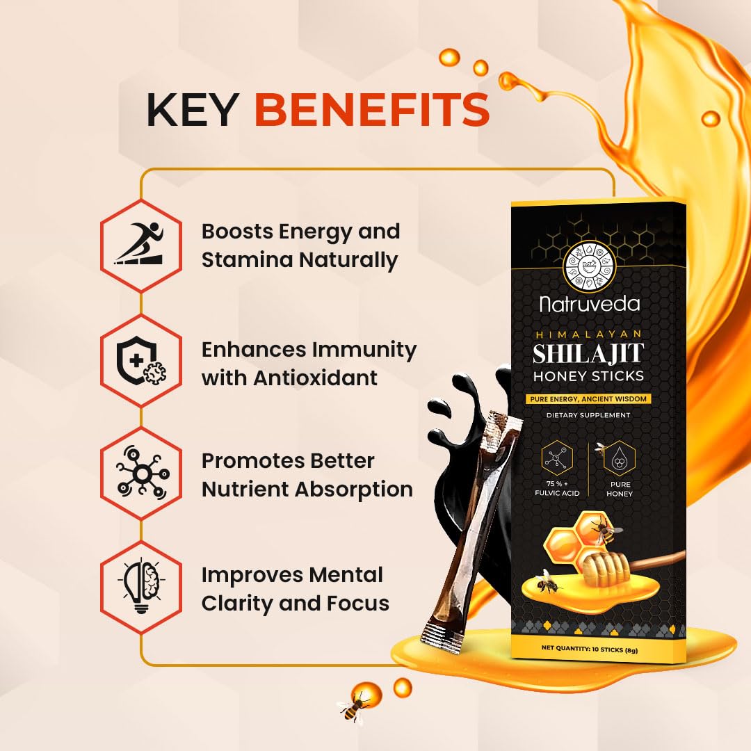 Ayurvedic Shilajit Infused Honey Sticks with Himalayan Shilajit Resin and Kashmiri Saffron - 10 Portable Sticks by Natruveda - USA Seller