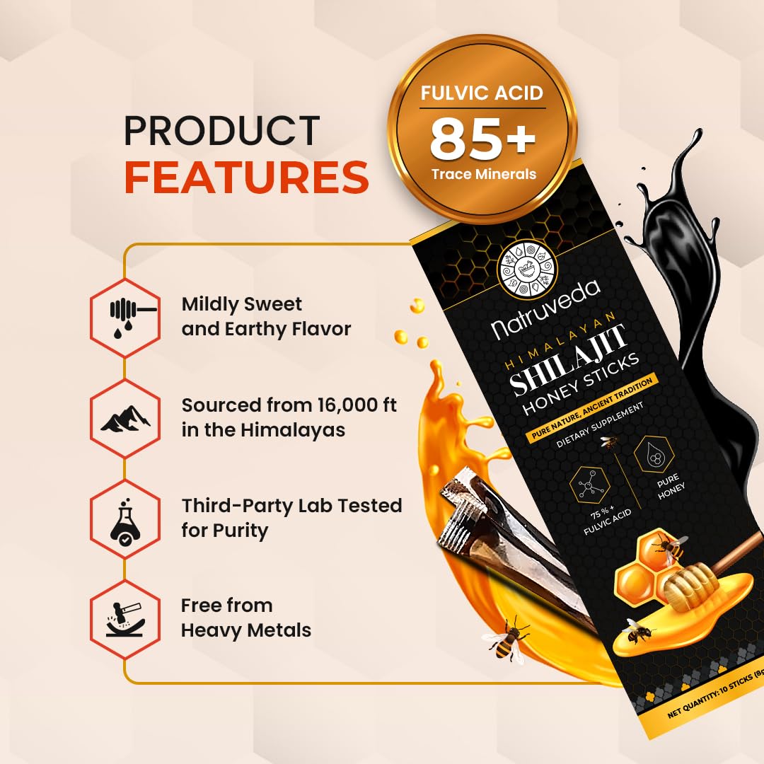 Ayurvedic Shilajit Infused Honey Sticks with Himalayan Shilajit Resin and Kashmiri Saffron - 10 Portable Sticks by Natruveda - USA Seller