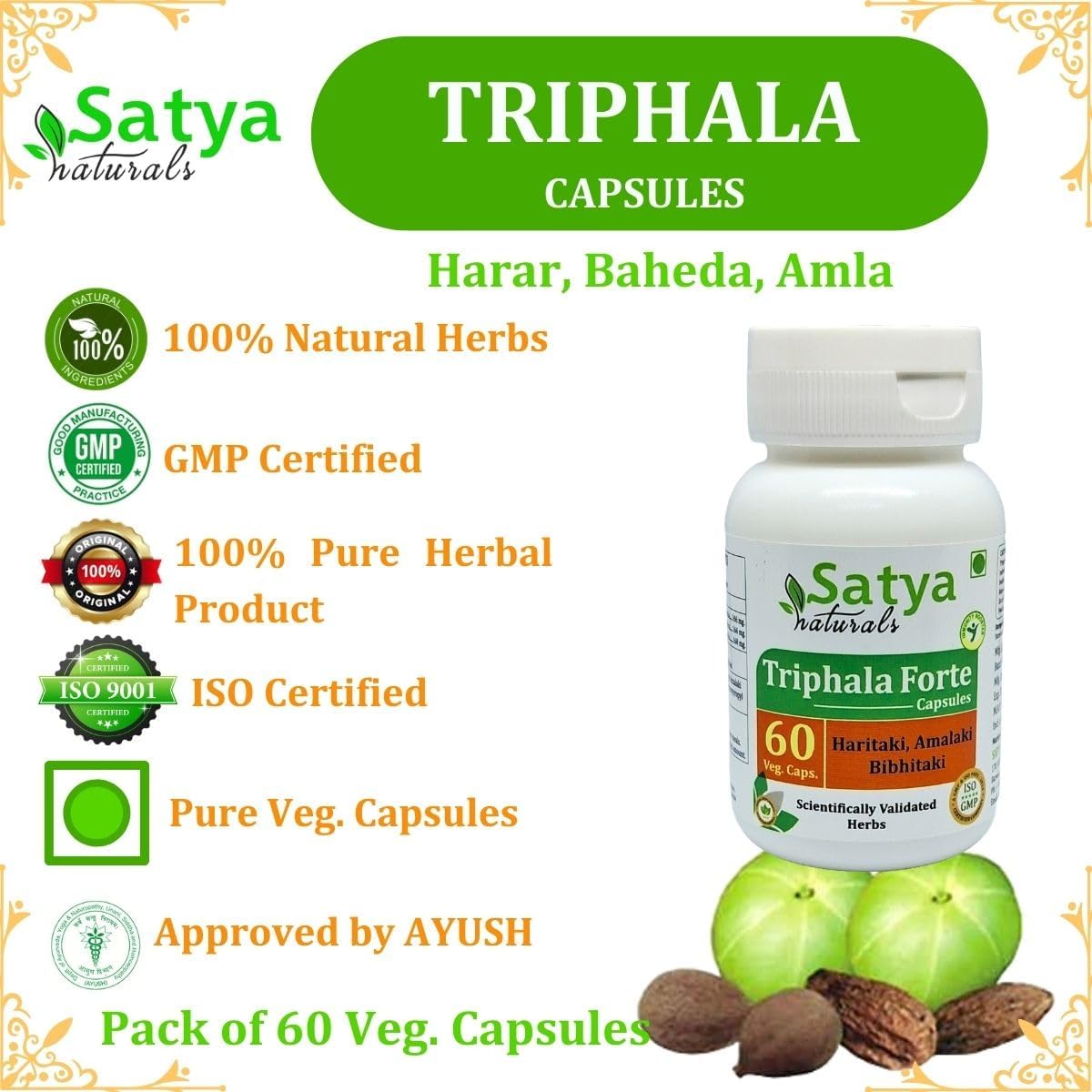 Ayurvedic Triphala Forte Capsules 500mg | Amalaki, Haritaki, Bibhitaki Extract | Herbal Supplement for Men and Women | 240 Capsules in 4 Bottles
