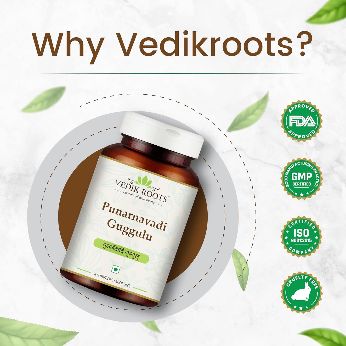Ayurvedic VEDIKROOTS Punarnavadi Guggulu Tablets for Kidney & Liver Health | Promotes Fluid Balance & Wellness | Herbal Supplement with 180 Tablets