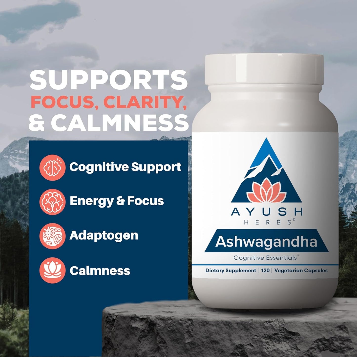 Ayush Herbs Ashwagandha Capsules - Pure Ashwagandha Root Powder for Stress Relief - 120 Vegetarian Caplets