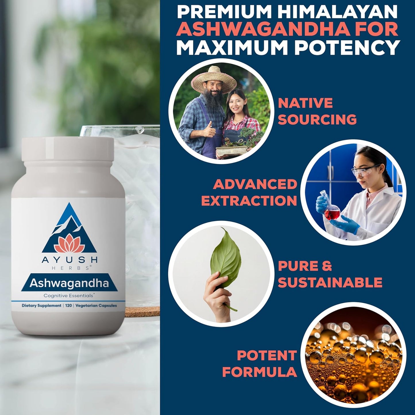 Ayush Herbs Ashwagandha Capsules - Pure Ashwagandha Root Powder for Stress Relief - 120 Vegetarian Caplets