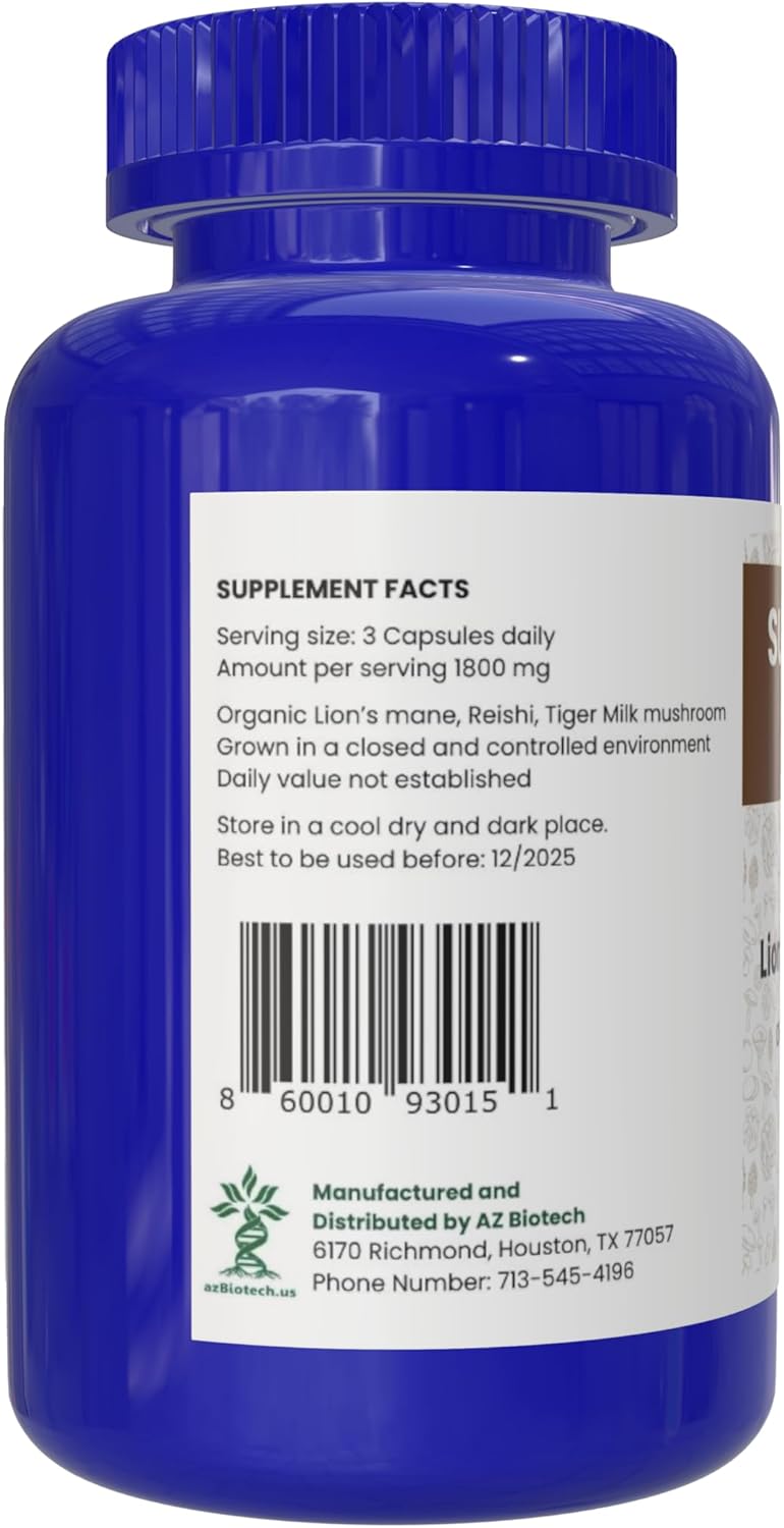 AZ Biotech Super Mushrooms Extract - Immune Support Supplement with Lion’s Mane, Reishi, and Tiger Milk Mushrooms
