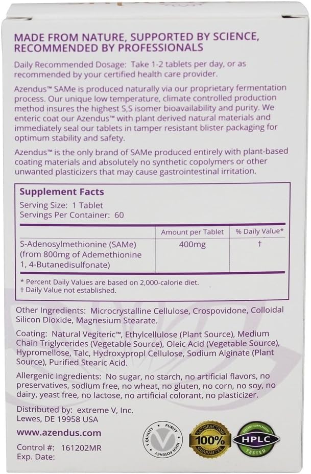Azendus Natural SAM-e 400mg for Liver Health - 60 Count, Pharmaceutical Grade, Fast Absorption, Pure & Stable Formula