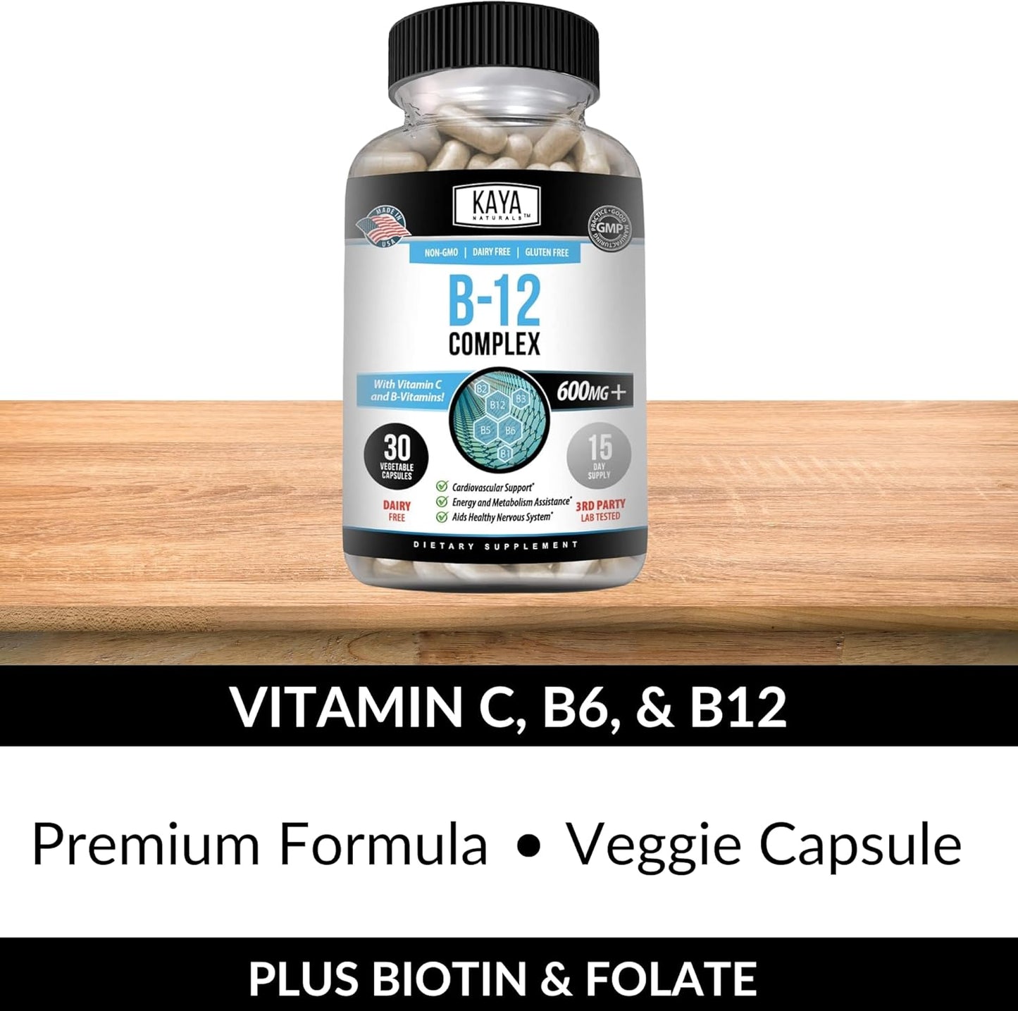 B-12 Complex Multivitamin Supplement for Energy and Metabolism Boost - 30 Capsules for Women & Men
