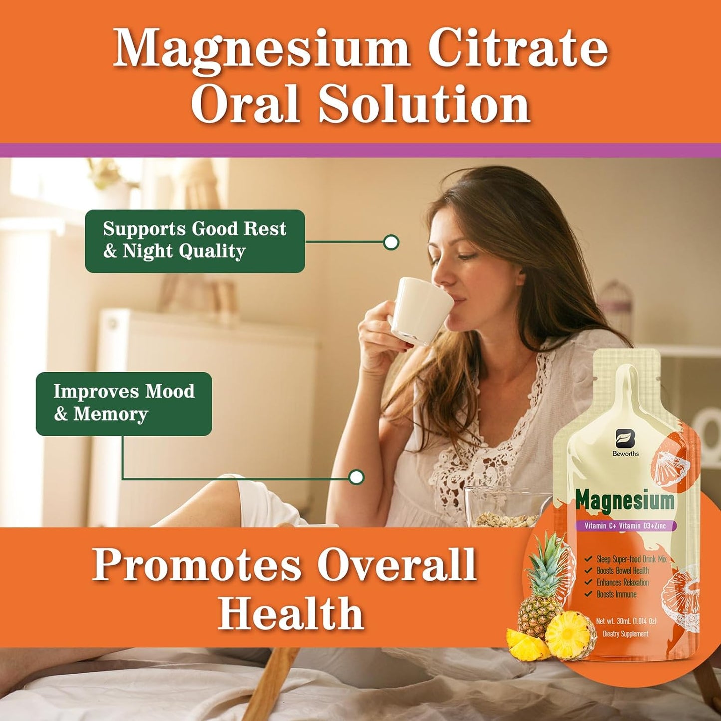 B BEWORTHS Pineapple Flavored Magnesium Citrate Liquid Supplement - High Absorption Oral Solution with Vitamins for Constipation, Sleep & Energy - 10 Fl Oz
