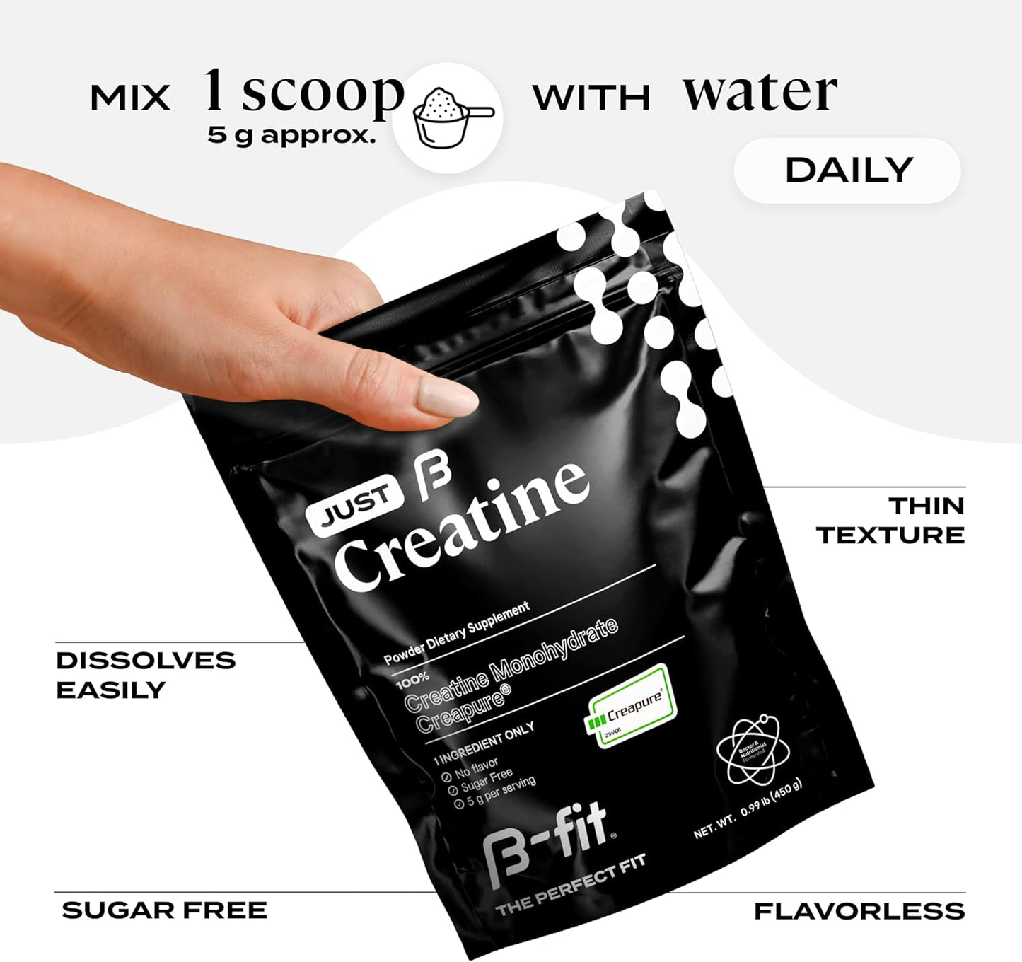 B-FIT B Creatine Monohydrate Powder - Creapure Creatine - 90 Servings - 450g - Pre Workout for Women - Sugar-Free - Flavorless - 3 Month Supply
