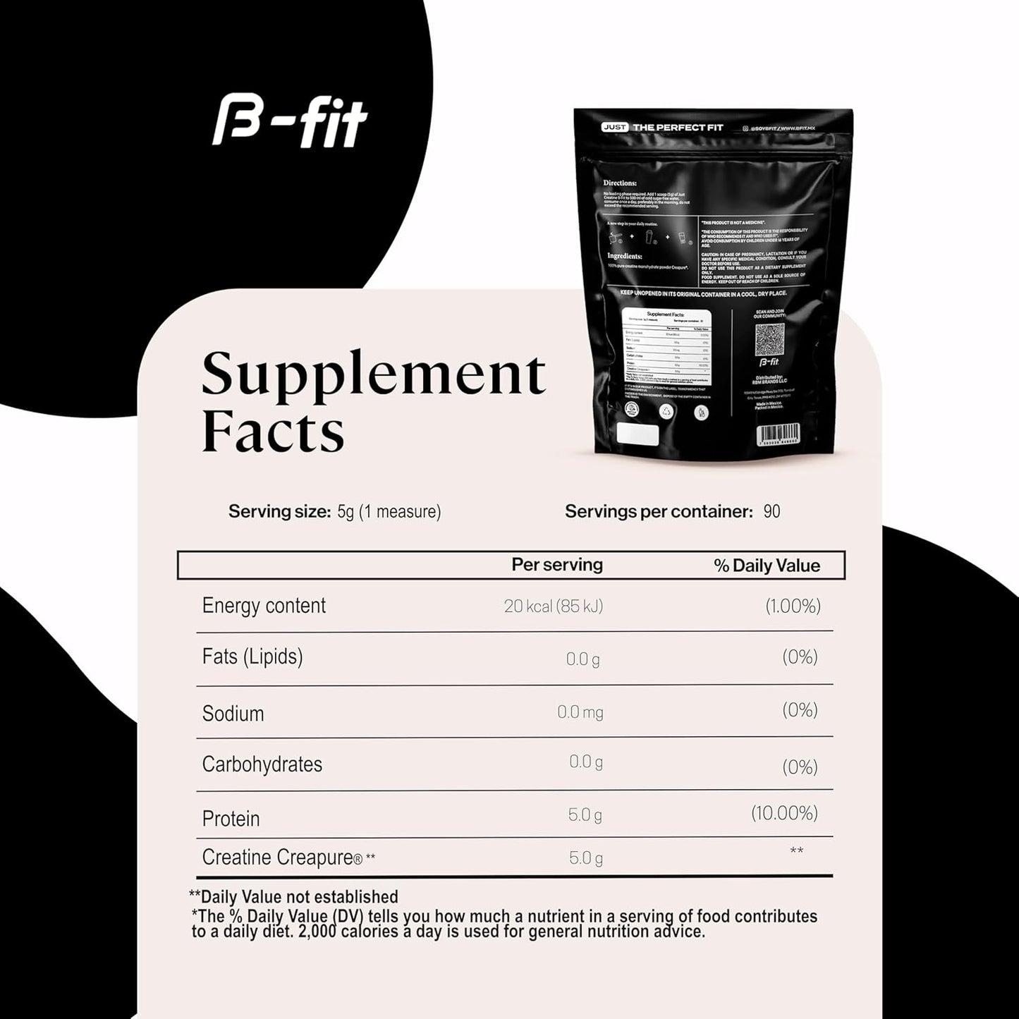 B-FIT B Creatine Monohydrate Powder - Creapure Creatine - 90 Servings - 450g - Pre Workout for Women - Sugar-Free - Flavorless - 3 Month Supply