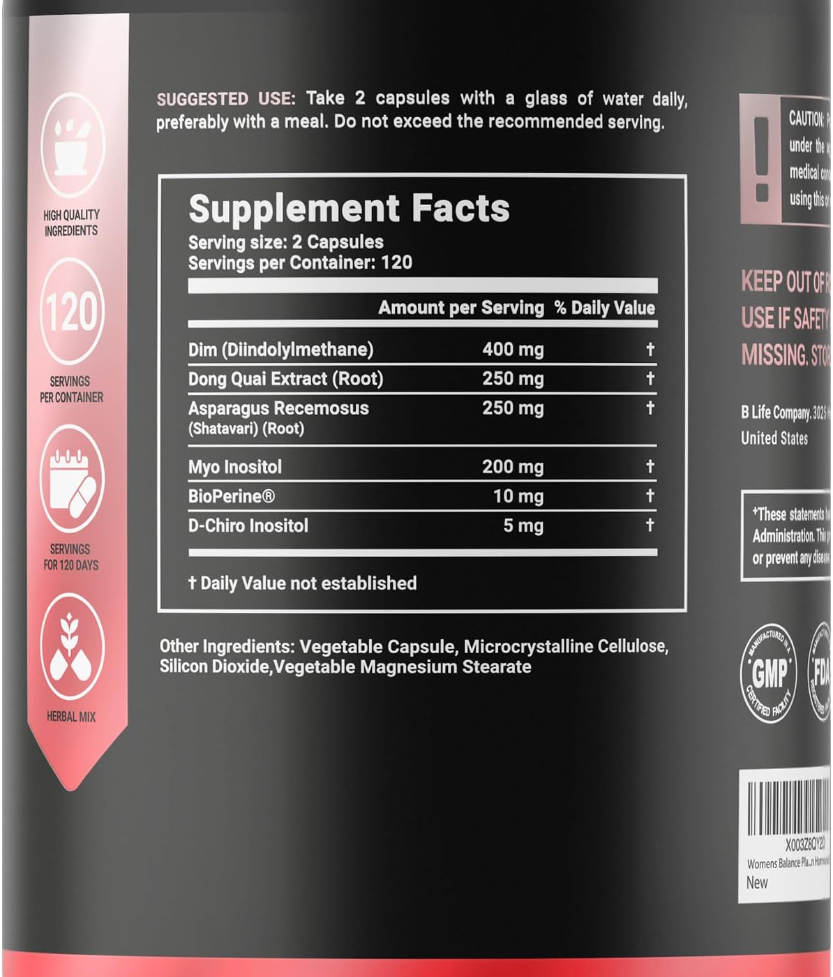 B Life Company Women's Hormone Balance Supplement with Natural Ingredients - Dim, Dong Quai, BioPerine, Myo & D-Chiro Inositol - 240 Capsules - Made in the USA.