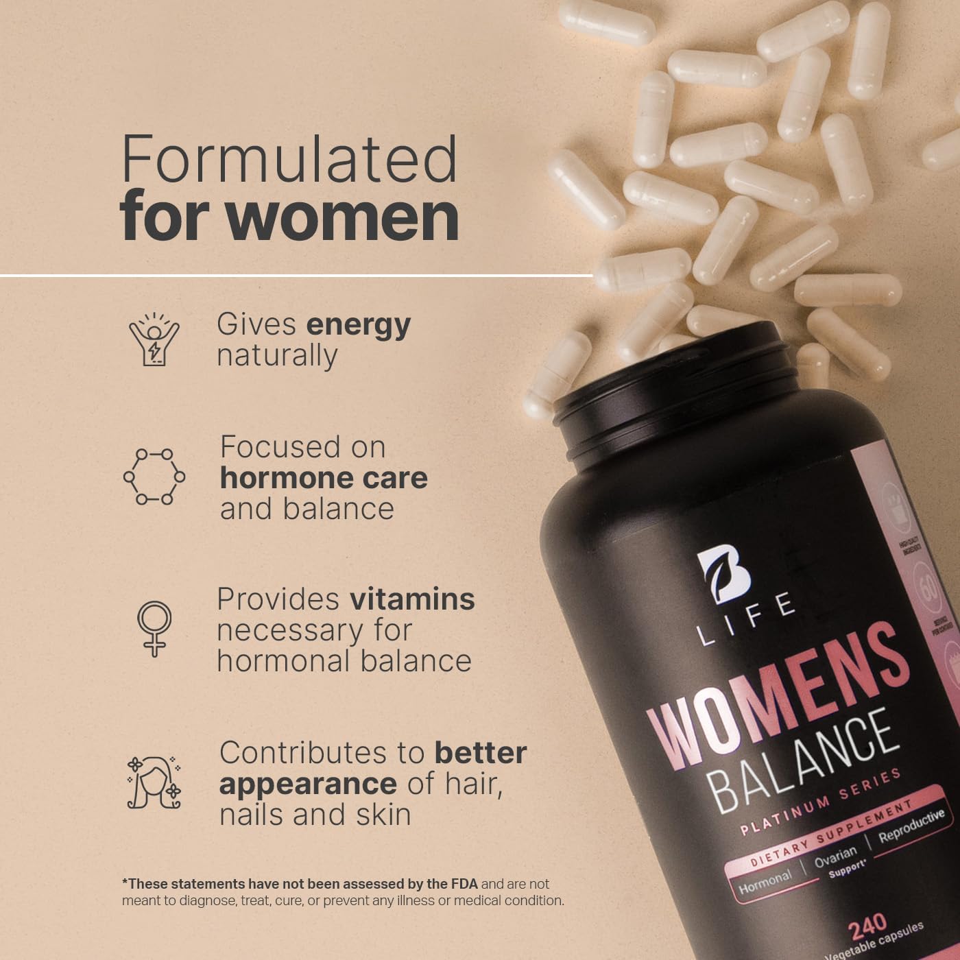 B Life Company Women's Hormone Balance Supplement with Natural Ingredients - Dim, Dong Quai, BioPerine, Myo & D-Chiro Inositol - 240 Capsules - Made in the USA.