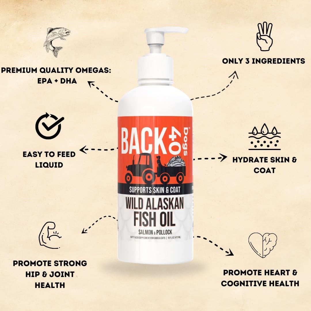Back 40 Dogs Wild Alaskan Fish Oil for Dogs and Cats - Skin and Coat Supplement with Omega-3 Salmon and Pollock Oil - 16 fl oz
