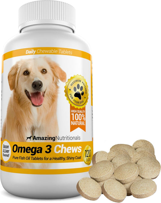 Bacon Flavored Omega 3 Fish Oil Supplement for Dogs with Itchy Skin Relief and Healthy Coat - 120 Chews