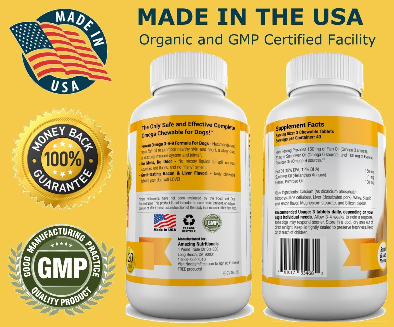 Bacon Flavored Omega 3 Fish Oil Supplement for Dogs with Itchy Skin Relief and Healthy Coat - 120 Chews