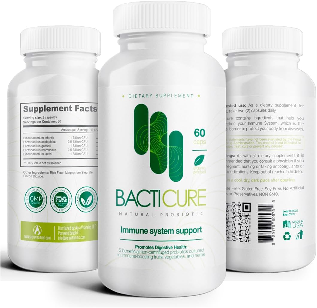 Bacticure High CFU Probiotic Capsules for Digestive & Vaginal Health - 180 Caps, Prebiotics, Enzymes, Immune Support - Men & Women Friendly