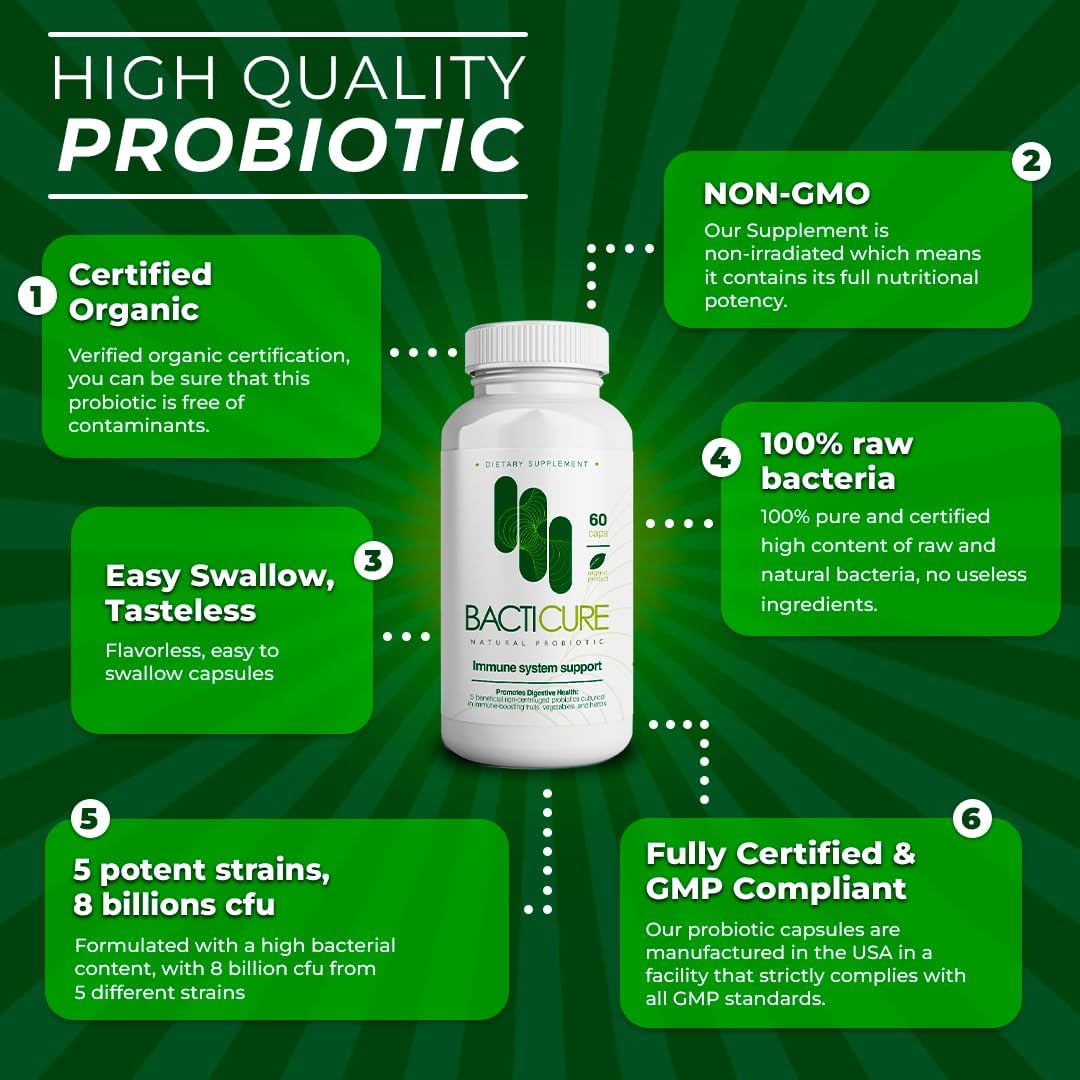 Bacticure High CFU Probiotic Capsules for Digestive & Vaginal Health - 180 Caps, Prebiotics, Enzymes, Immune Support - Men & Women Friendly