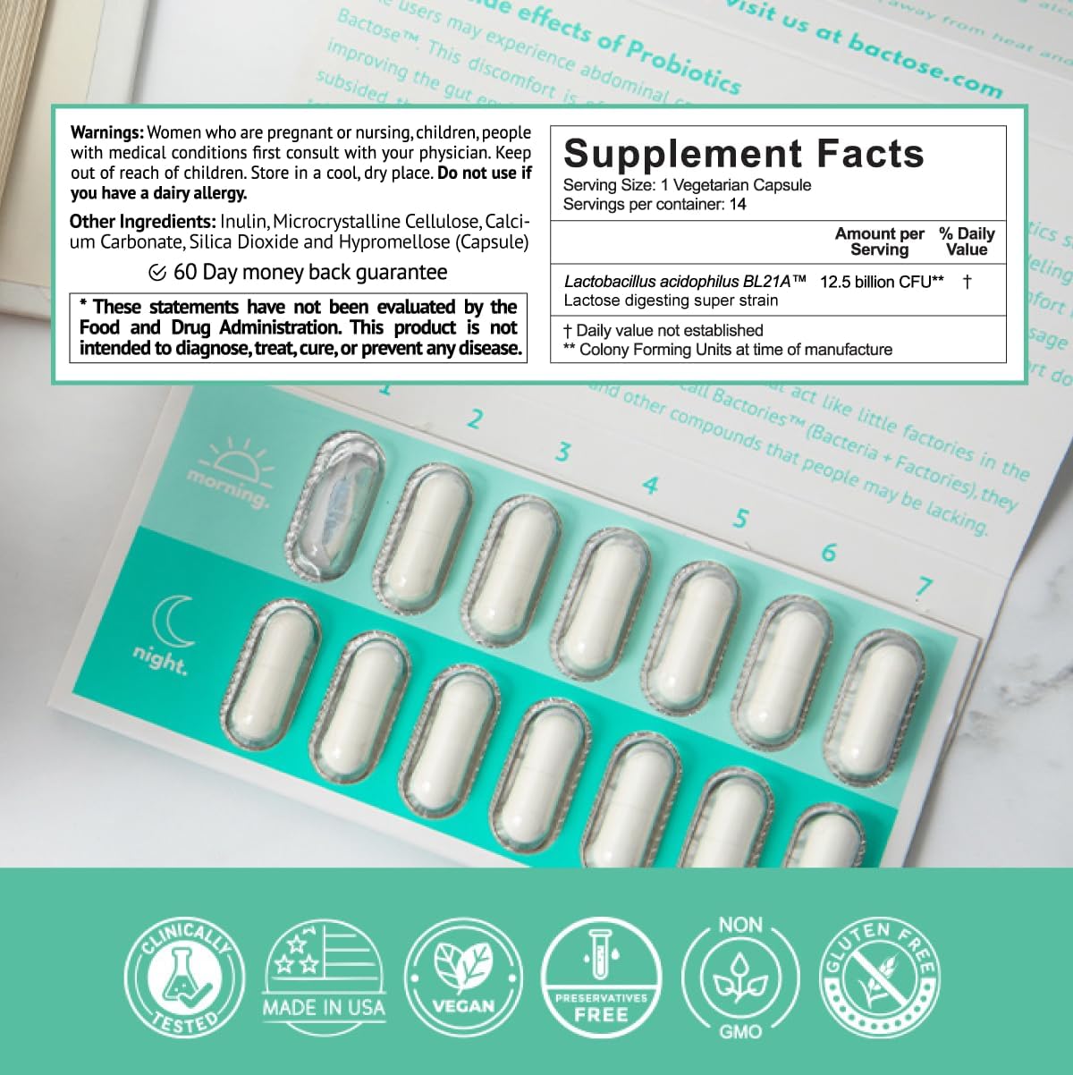 BACTOSE Probiotic Lactose Pills for Long-Term Relief and Dairy Enjoyment - Lactose Intolerance Supplement with Gut Lactase Enzymes - Natural Lactose Breakdown Support (7-Day Use, Monthly Repeat)