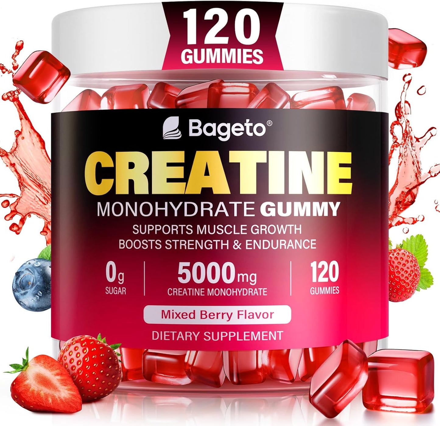 Bageto Creatine Monohydrate Gummies 5000mg - 120 Count, Sugar Free Pre-Workout Supplement for Enhanced Muscle Growth, Strength, and Recovery, Mixedberry Flavor for Men & Women