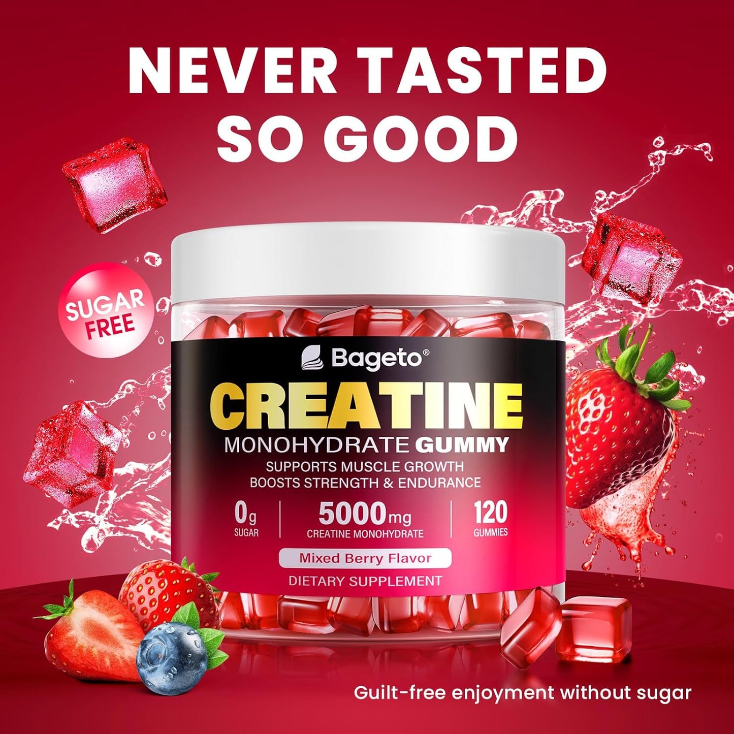 Bageto Creatine Monohydrate Gummies 5000mg - 120 Count, Sugar Free Pre-Workout Supplement for Enhanced Muscle Growth, Strength, and Recovery, Mixedberry Flavor for Men & Women