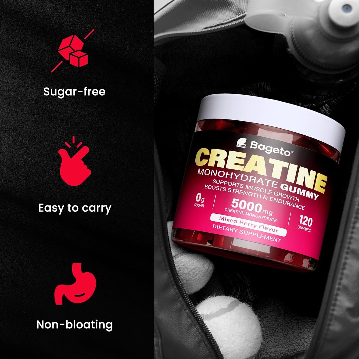 Bageto Creatine Monohydrate Gummies 5000mg - 120 Count, Sugar Free Pre-Workout Supplement for Enhanced Muscle Growth, Strength, and Recovery, Mixedberry Flavor for Men & Women
