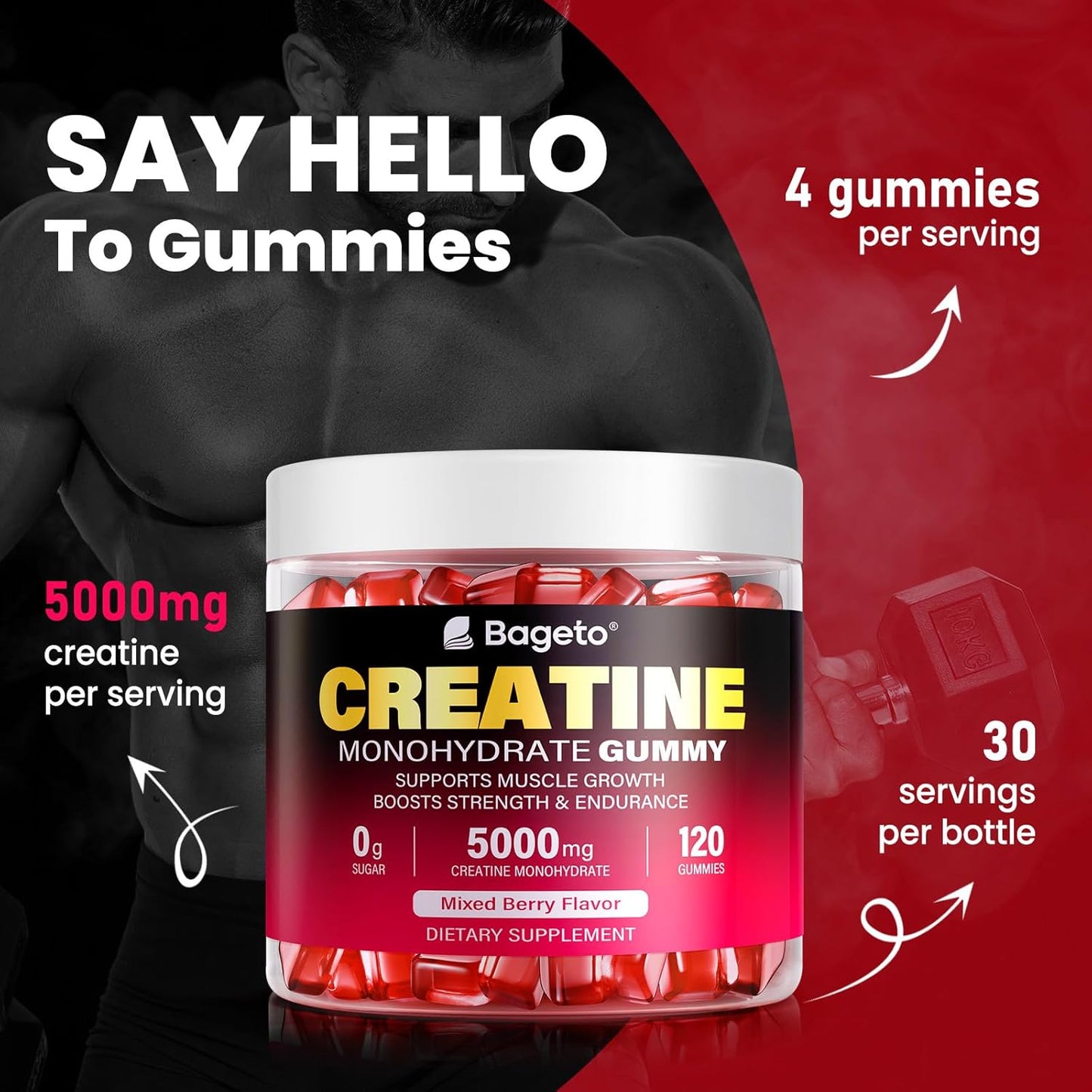 Bageto Creatine Monohydrate Gummies 5000mg - 120 Count, Sugar Free Pre-Workout Supplement for Enhanced Muscle Growth, Strength, and Recovery, Mixedberry Flavor for Men & Women