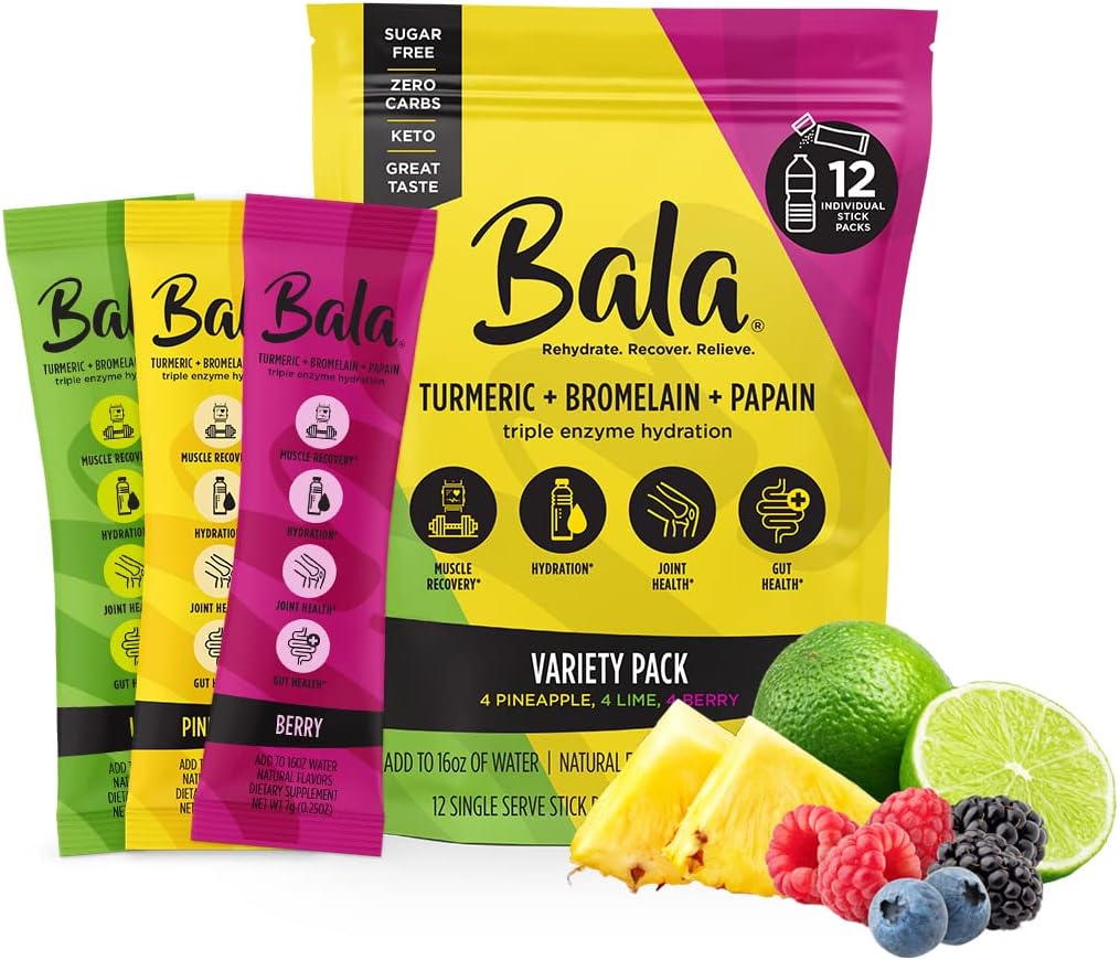 BALA Enzyme Hydration & Sugar-Free Electrolyte Drink Mix Variety Pack with Turmeric, Bromelain, Papain for Recovery, Immunity, and Mobility - 12 Count 0.25oz Packets