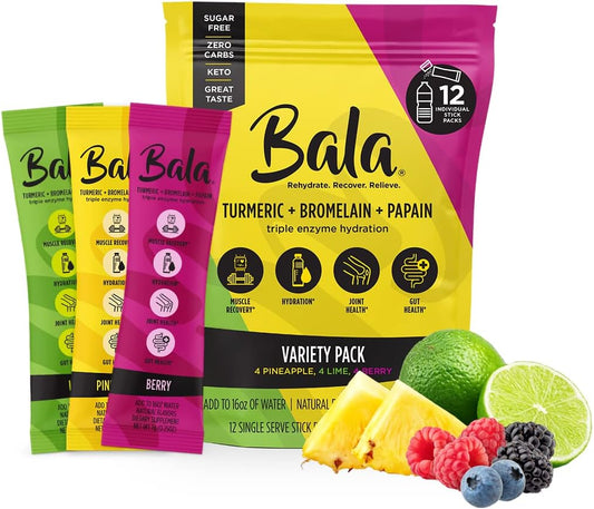 BALA Enzyme Hydration & Sugar-Free Electrolyte Drink Mix Variety Pack with Turmeric, Bromelain, Papain for Recovery, Immunity, and Mobility - 12 Count 0.25oz Packets