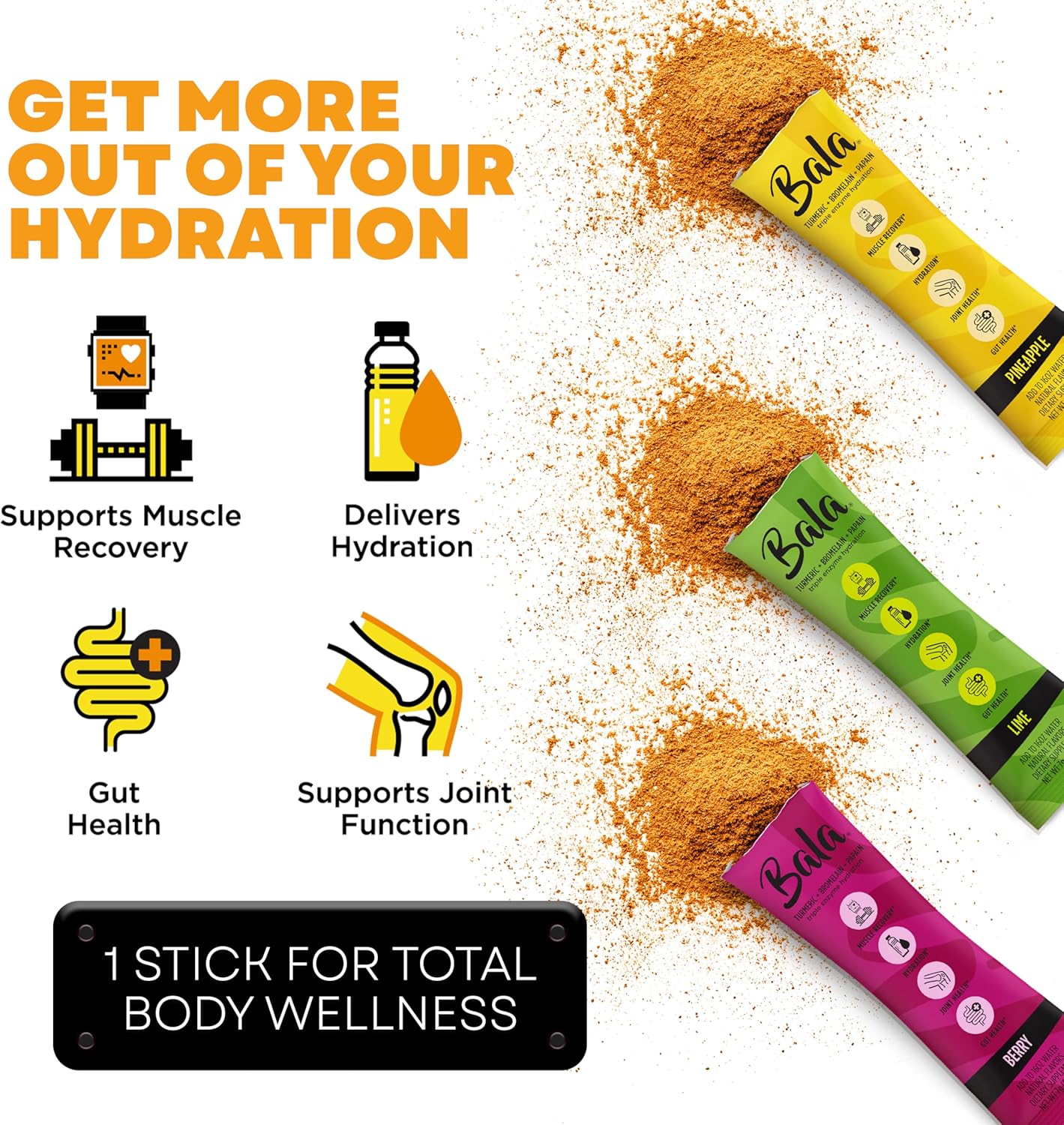 BALA Enzyme Hydration & Sugar-Free Electrolyte Drink Mix Variety Pack with Turmeric, Bromelain, Papain for Recovery, Immunity, and Mobility - 12 Count 0.25oz Packets