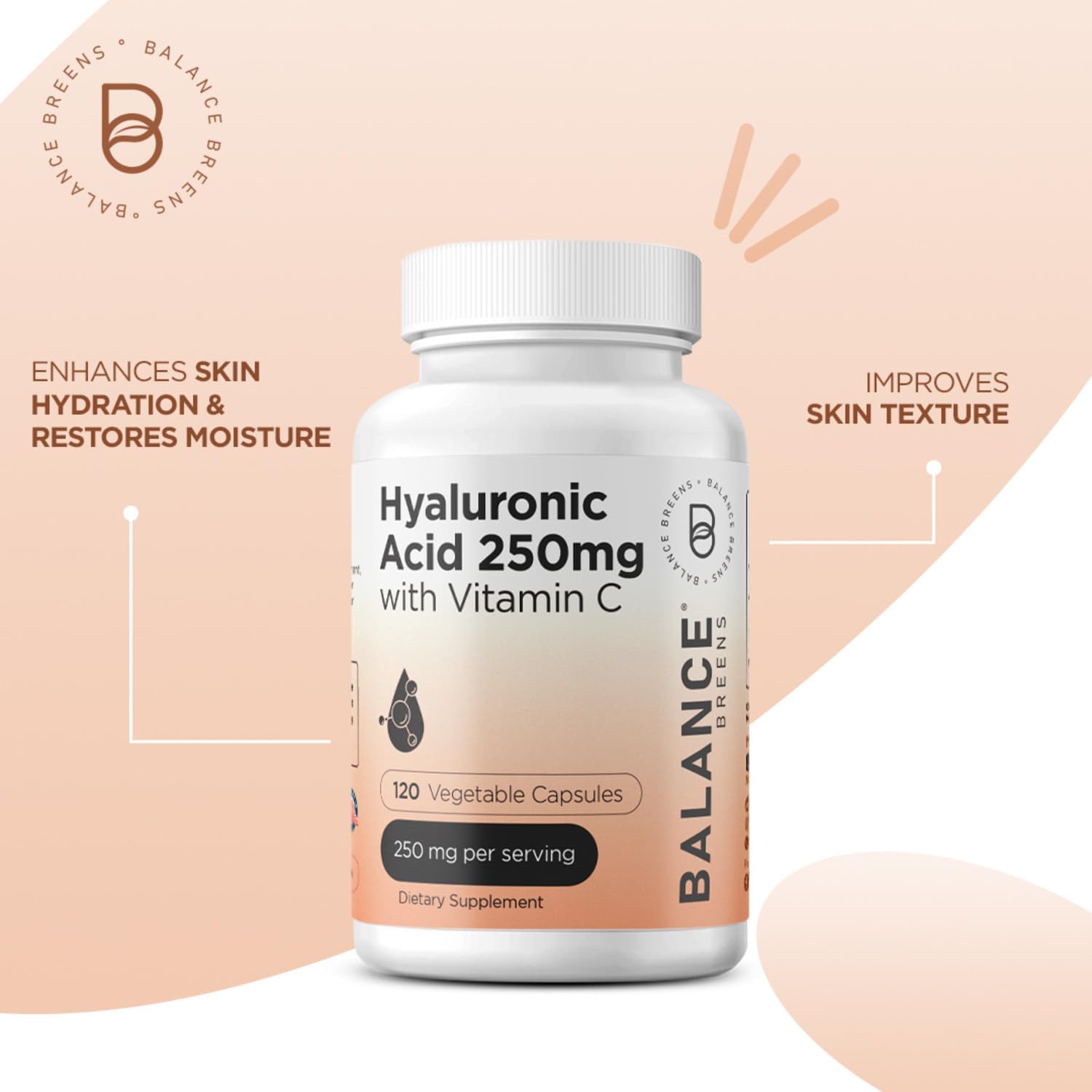 Balancebreens Pure Hyaluronic Acid 250mg with Vitamin C & Zinc Supplement Combo - Boost Skin Health & Immunity