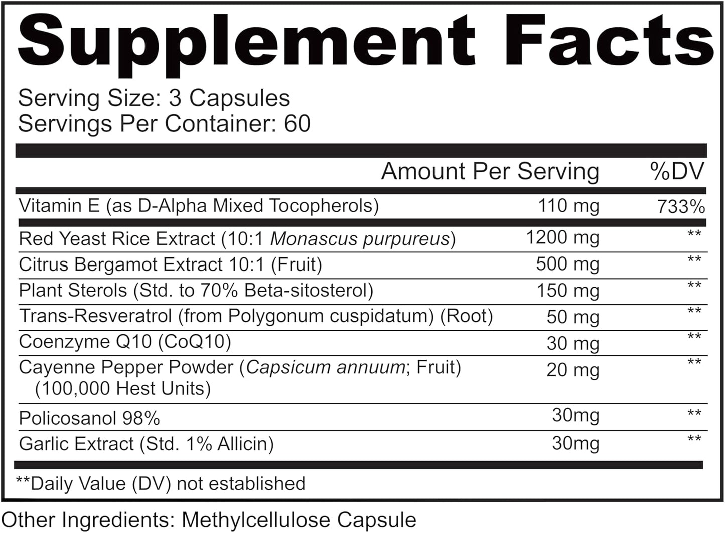 Balanced Cholesterol & Circulatory Health Supplement - Red Yeast Rice, Bergamot, Resveratrol - Statin Free - 180 Vegan Capsules