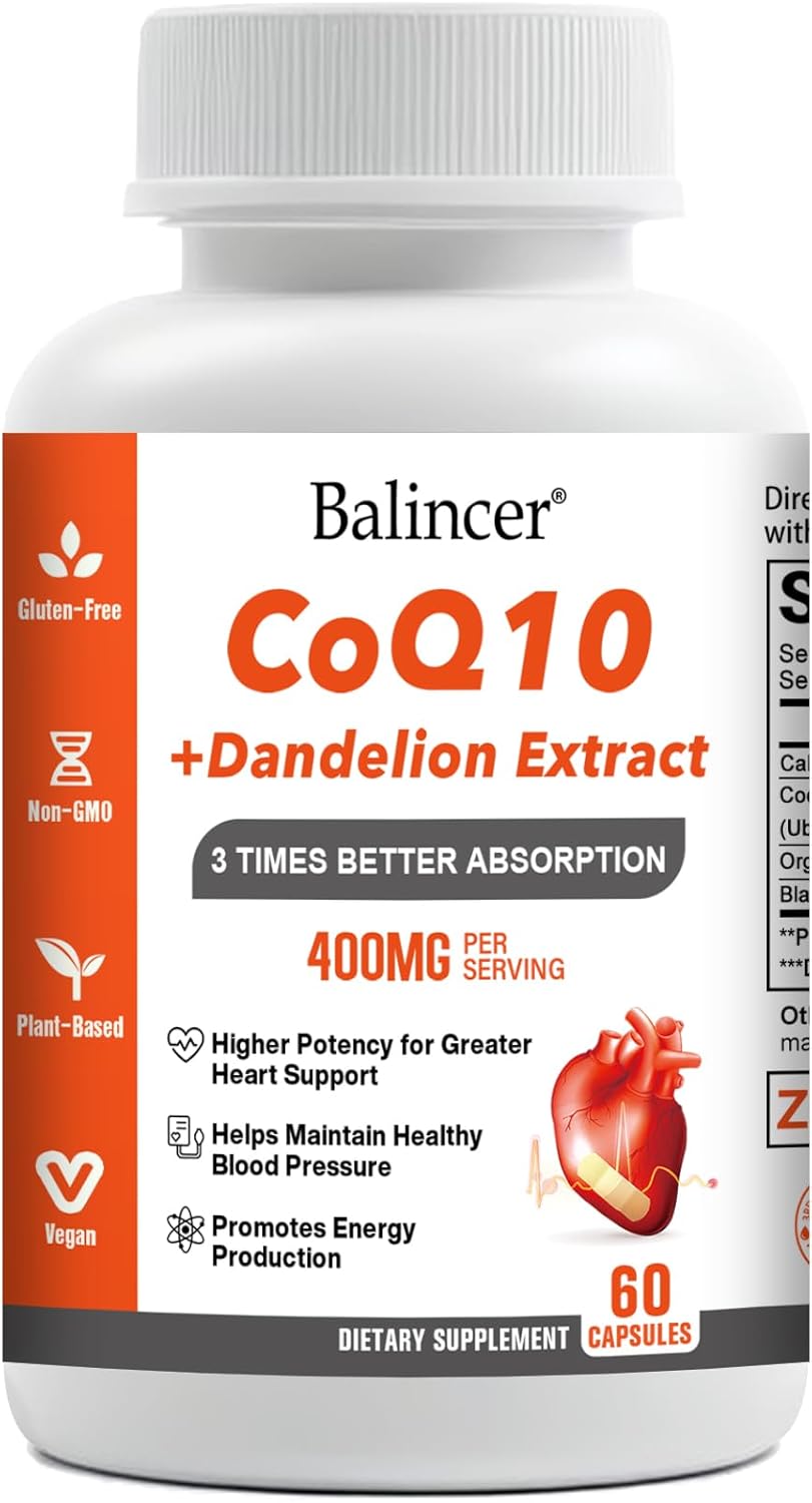 Balincer CoQ10 400mg Enhanced Absorption Antioxidant Supplement with Dandelion Root & Black Pepper, 60 Capsules