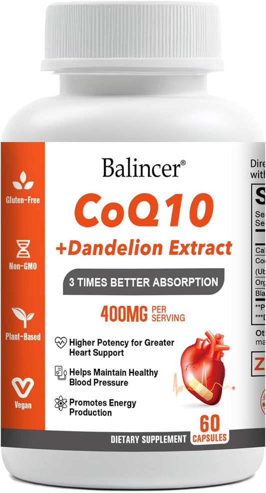 Balincer CoQ10 400mg Enhanced Absorption Antioxidant Supplement with Dandelion Root & Black Pepper, 60 Capsules