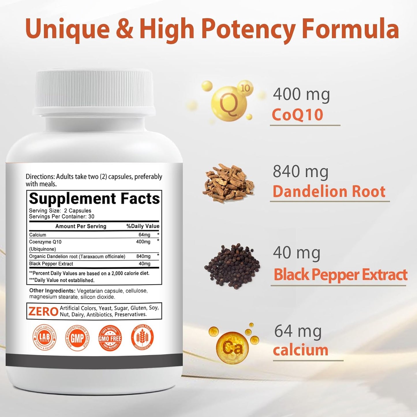 Balincer CoQ10 400mg Enhanced Absorption Antioxidant Supplement with Dandelion Root & Black Pepper, 60 Capsules