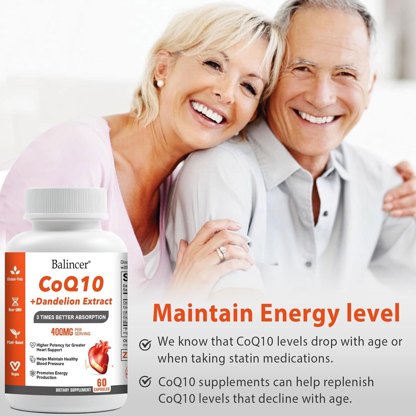 Balincer CoQ10 400mg Enhanced Absorption Antioxidant Supplement with Dandelion Root & Black Pepper, 60 Capsules