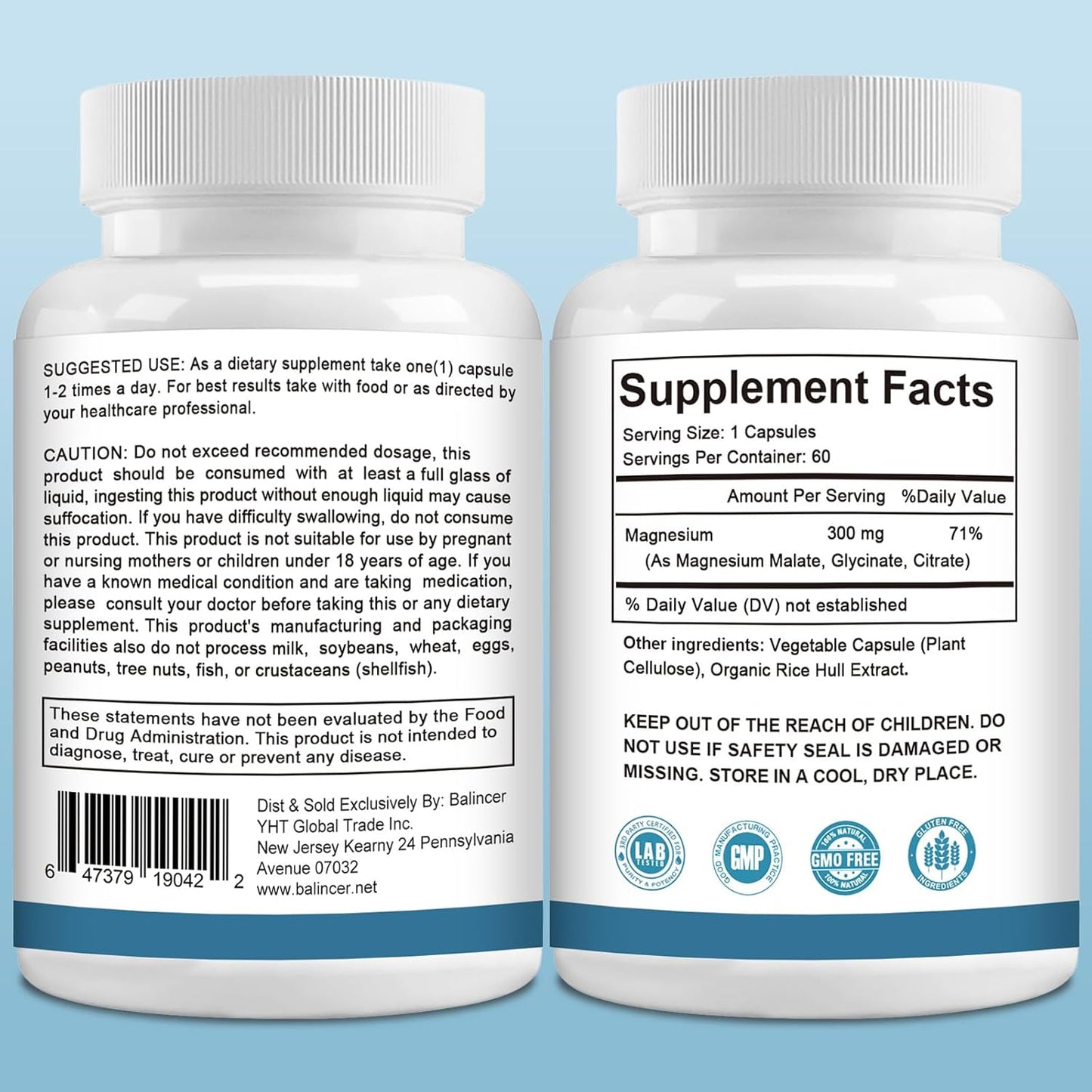Balincer Triple Magnesium Complex 300 mg - Glycinate, Malate, Citrate - Support Muscle, Nerves, Energy, Heart Health - Non-GMO - 60 Capsules