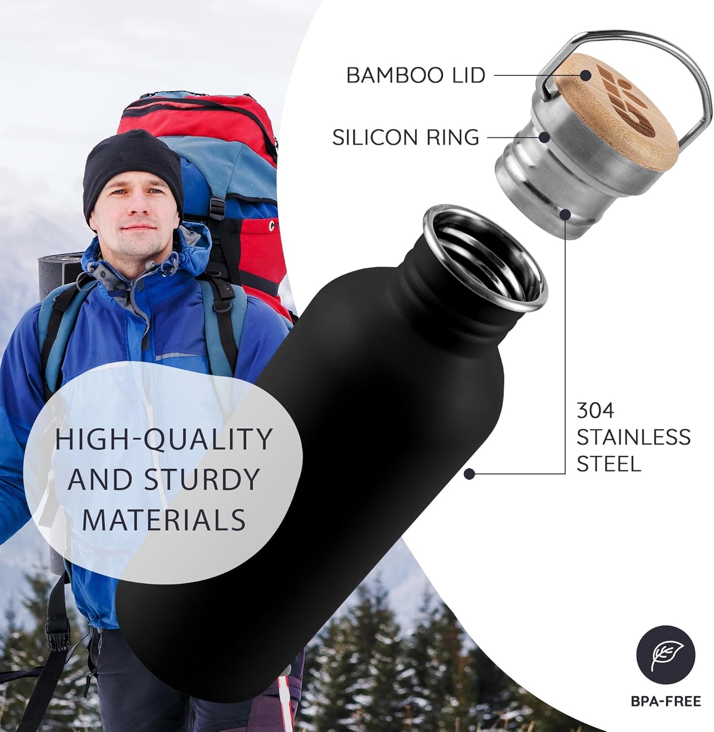 Bambaw 24 oz Black Metal Water Bottle, Stainless Steel, BPA Free, Reusable, Portable