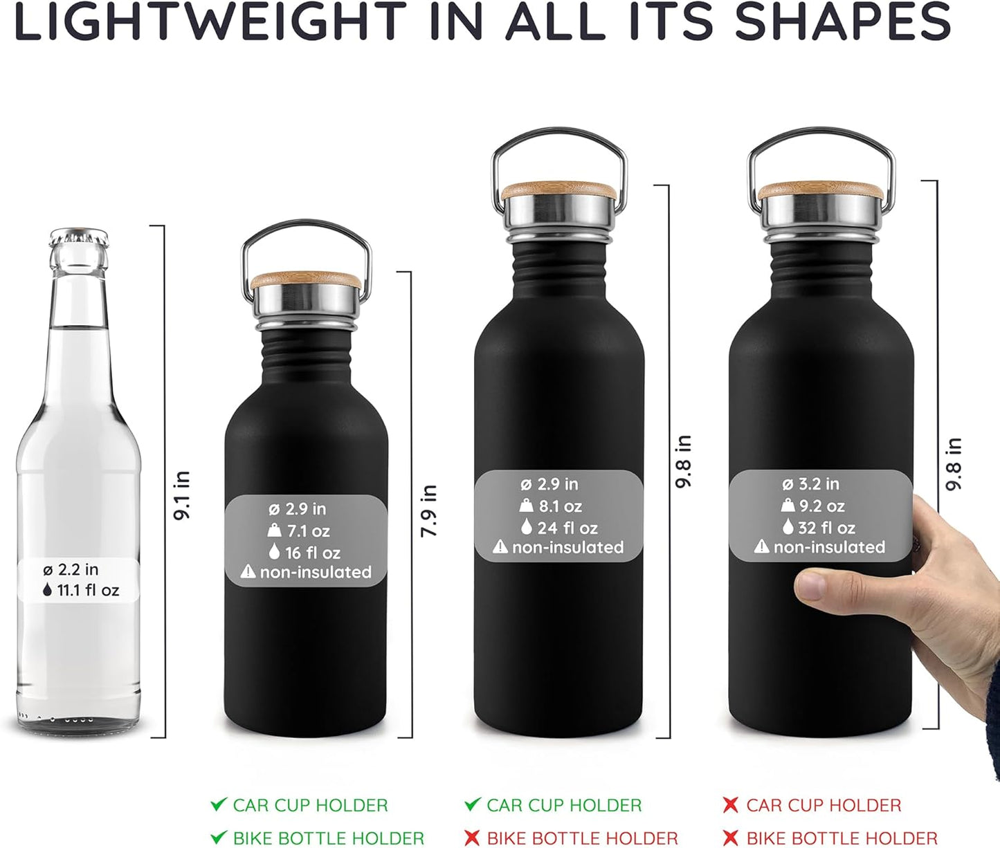 Bambaw 24 oz Black Metal Water Bottle, Stainless Steel, BPA Free, Reusable, Portable