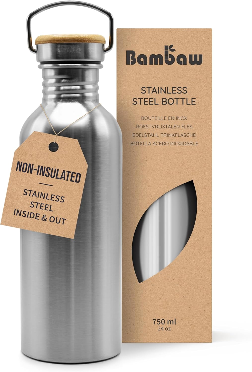Bambaw Stainless Steel 24 oz Water Bottle - Reusable, Leakproof, BPA Free - Perfect for Travel, Hiking, Yoga - Dishwasher Safe