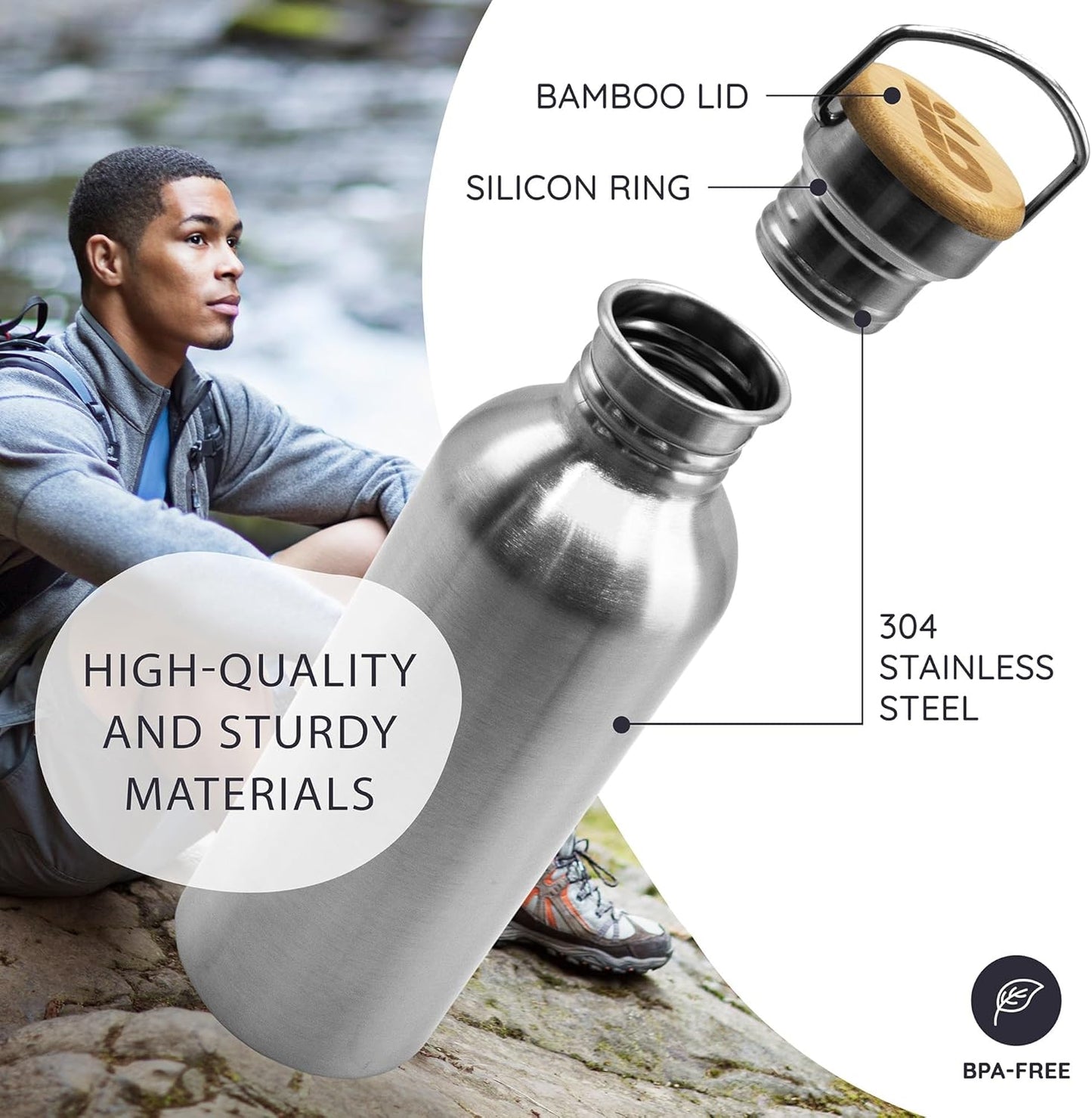 Bambaw Stainless Steel 24 oz Water Bottle - Reusable, Leakproof, BPA Free - Perfect for Travel, Hiking, Yoga - Dishwasher Safe