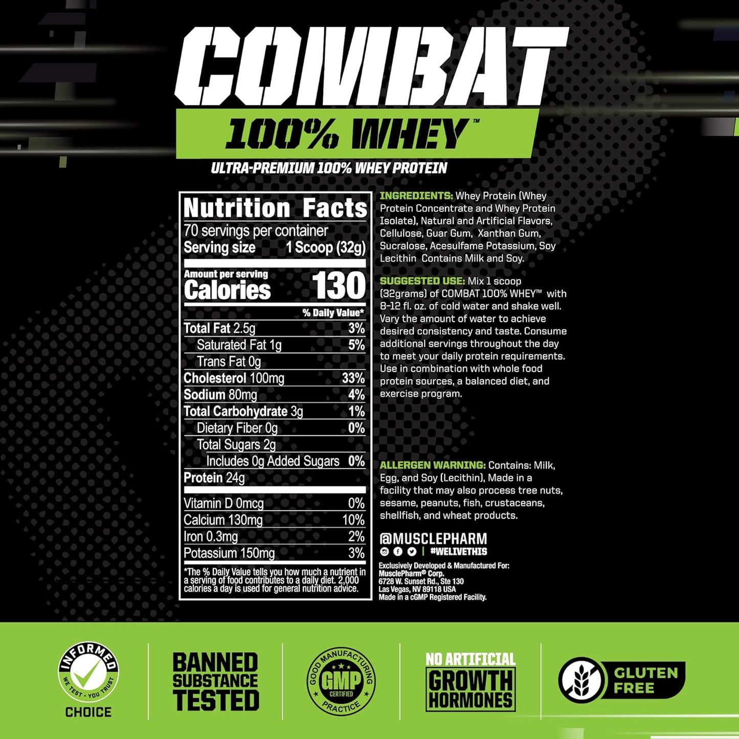 Banana Milk Flavor Whey Protein Powder for Fast Recovery & Muscle Gain - Muscle Pharm Combat 100% Whey Protein, High Protein Isolate for Women & Men, Gluten Free - 5 lb, 70 Servings