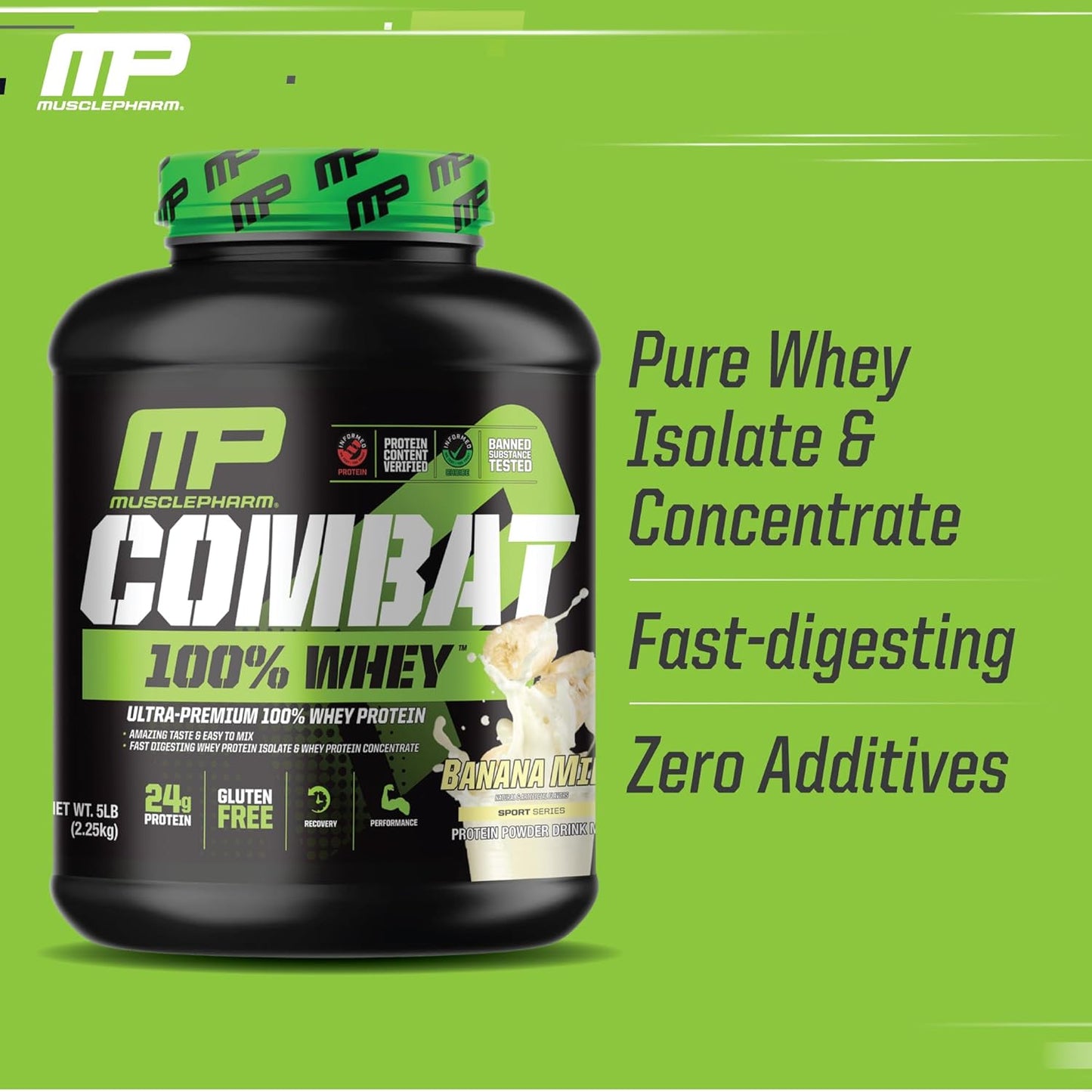 Banana Milk Flavor Whey Protein Powder for Fast Recovery & Muscle Gain - Muscle Pharm Combat 100% Whey Protein, High Protein Isolate for Women & Men, Gluten Free - 5 lb, 70 Servings