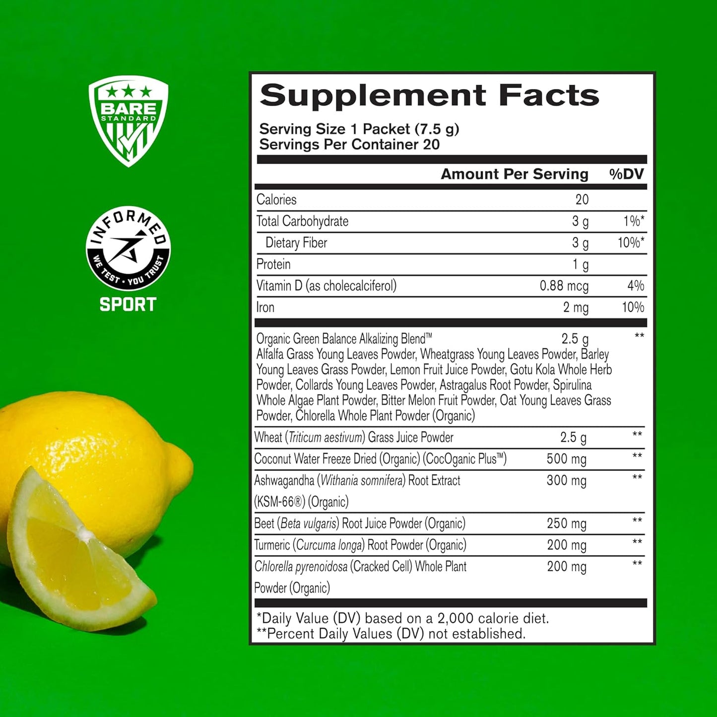 BARE PERFORMANCE NUTRITION BPN Strong Greens Lemon Superfood Powder Drink Mix Packets - Convenient Go Packs