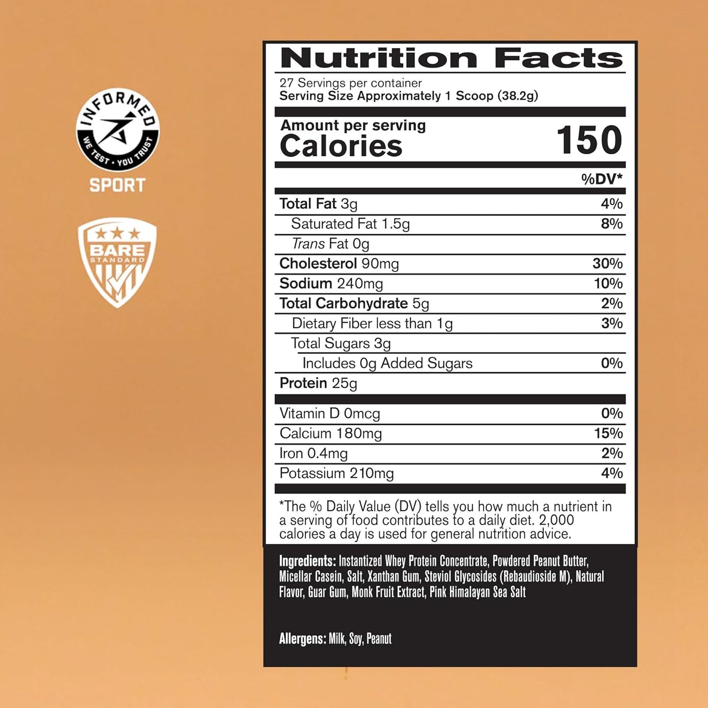 BARE PERFORMANCE NUTRITION Peanut Butter Protein Powder Blend, 25g Protein per Serving, Supports Lean Muscle Recovery, 27 Servings