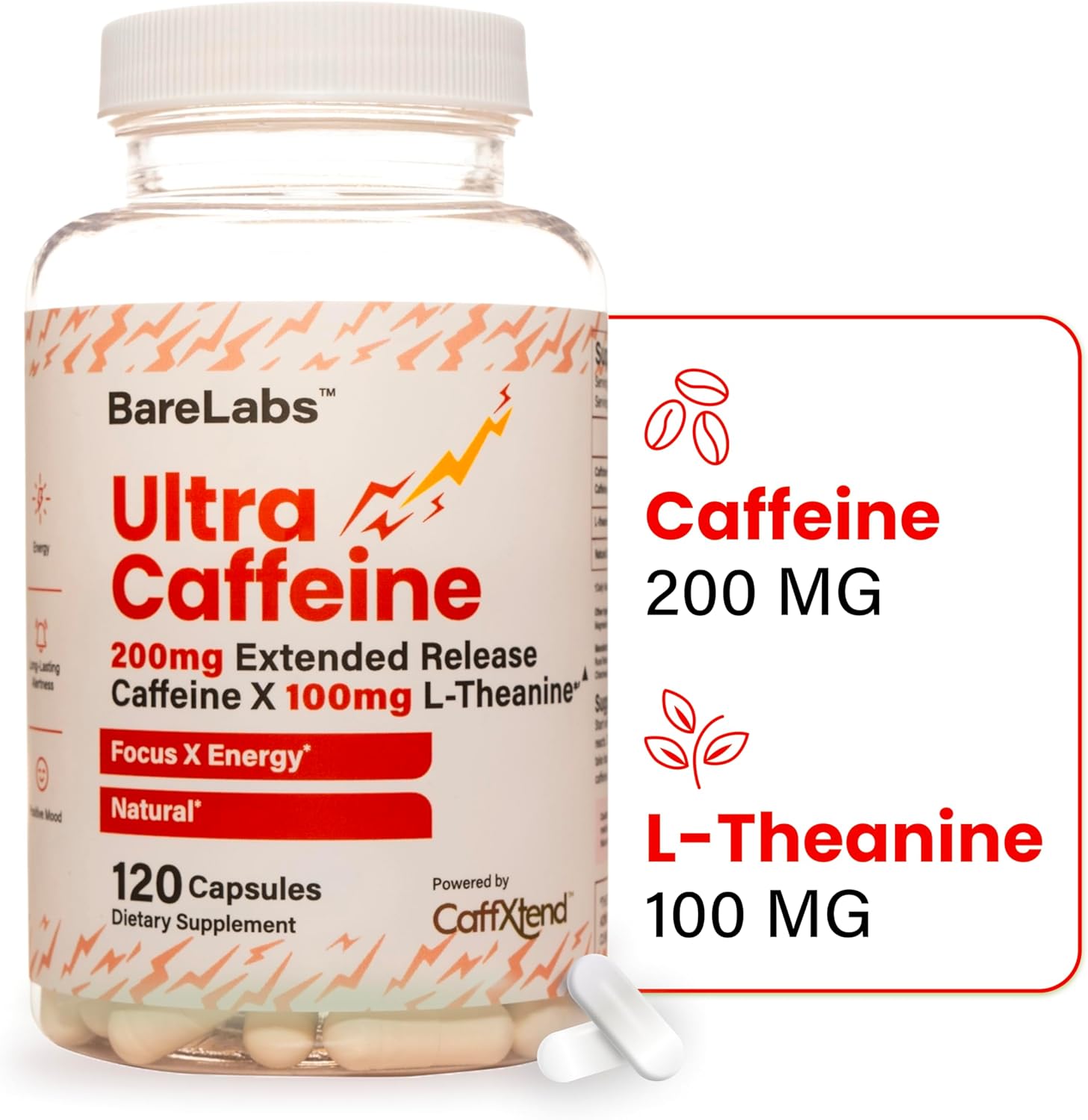 BareLabs Ultra Caffeine Pills - 200mg Extended Release with L-Theanine - Natural Focus & Energy Supplement for Sustained Alertness
