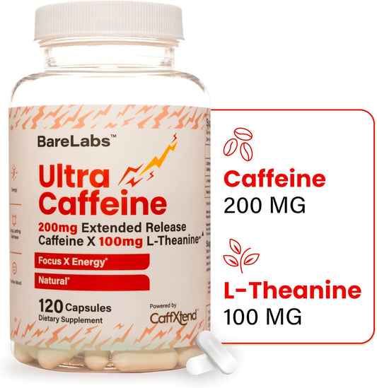 BareLabs Ultra Caffeine Pills - 200mg Extended Release with L-Theanine - Natural Focus & Energy Supplement for Sustained Alertness