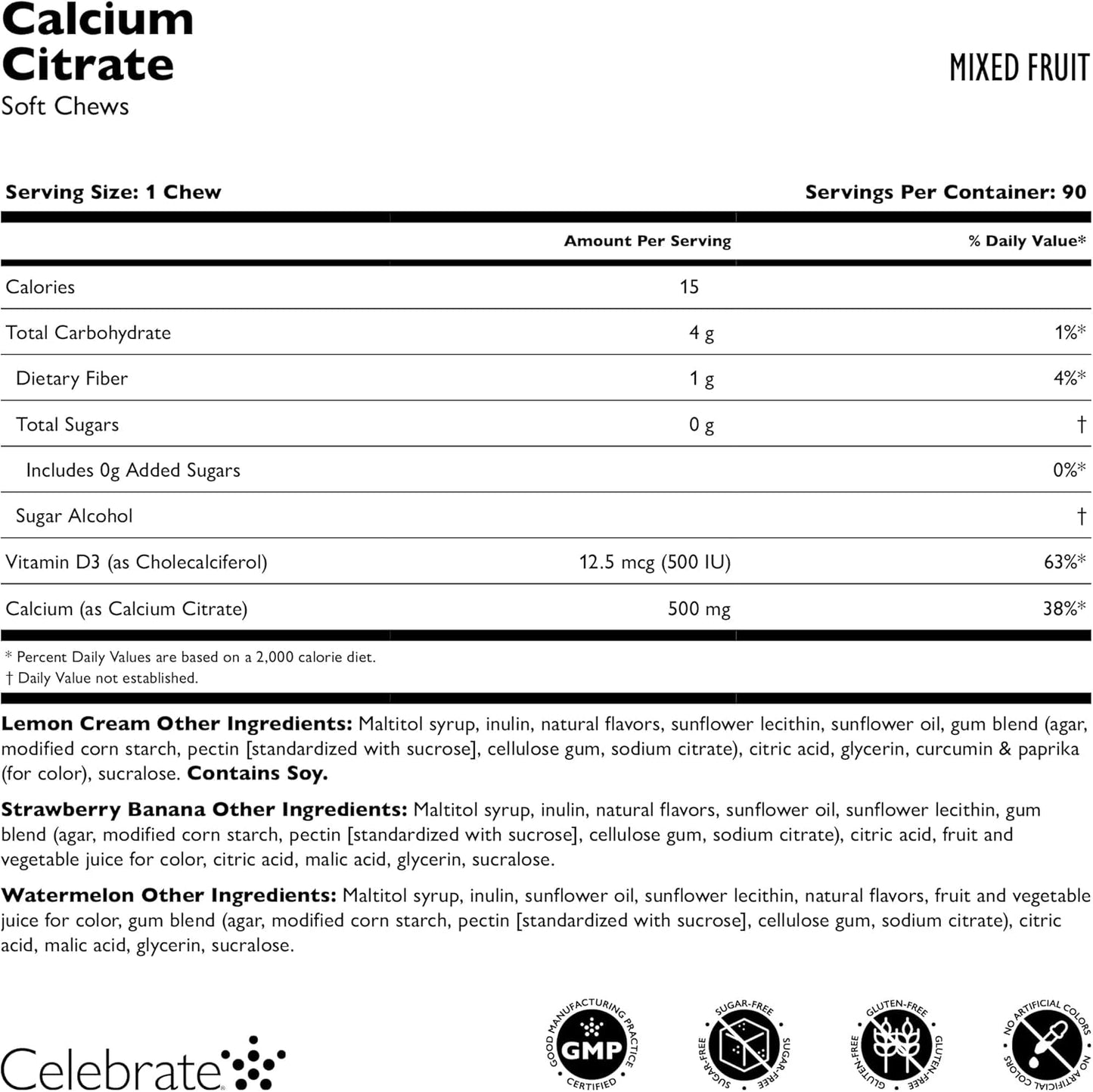 Bariatric 500mg Calcium Citrate Soft Chews with Vitamin D3 - Sugar & Gluten Free Fruit Chews for Gastric Bypass Patients (270)