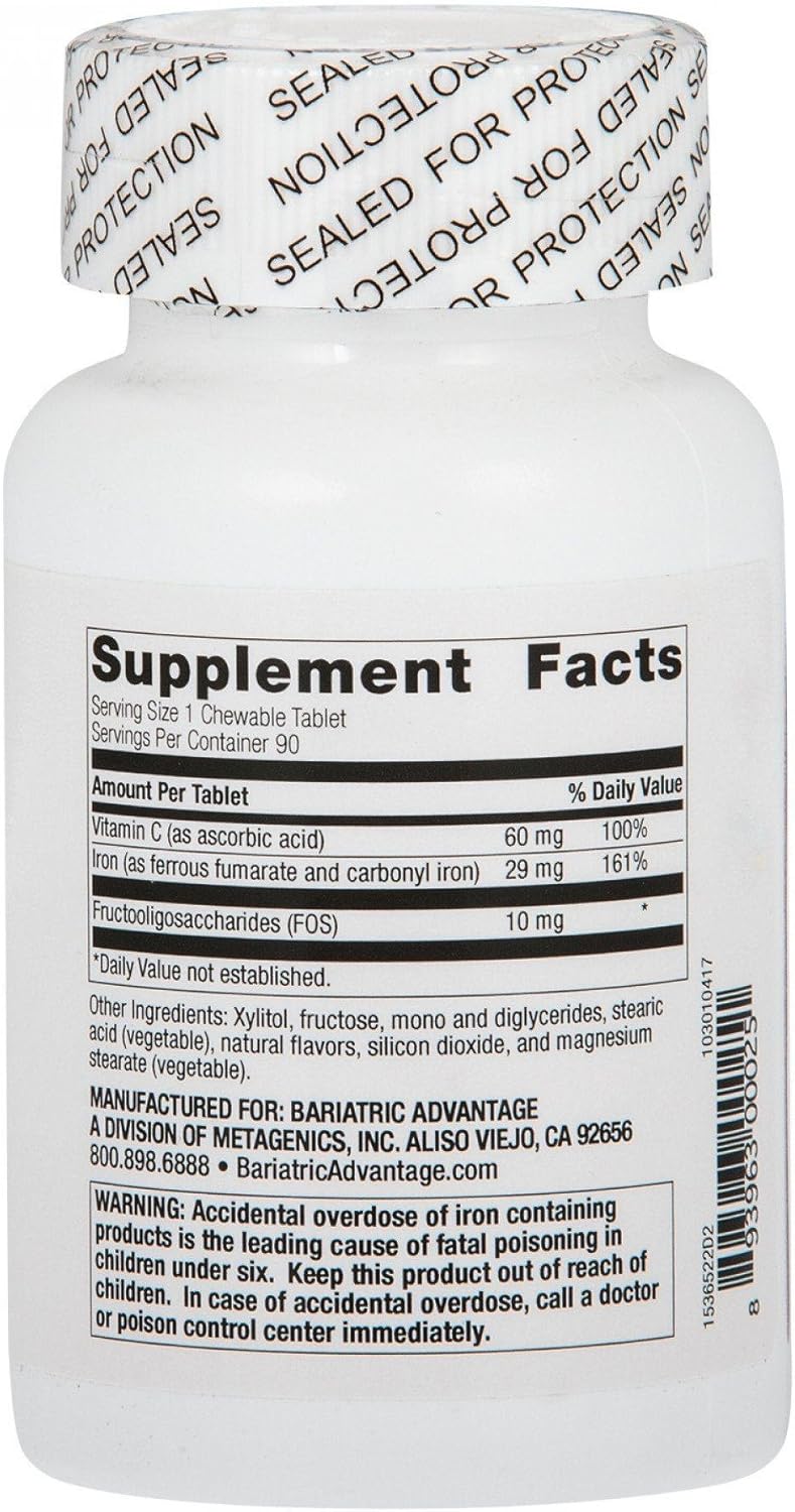 Bariatric Advantage Chewable Iron 29 mg with Vitamin C - Iron Supplement for Bariatric Surgery - No Iron Taste - Passion Fruit Flavor - 90 Count
