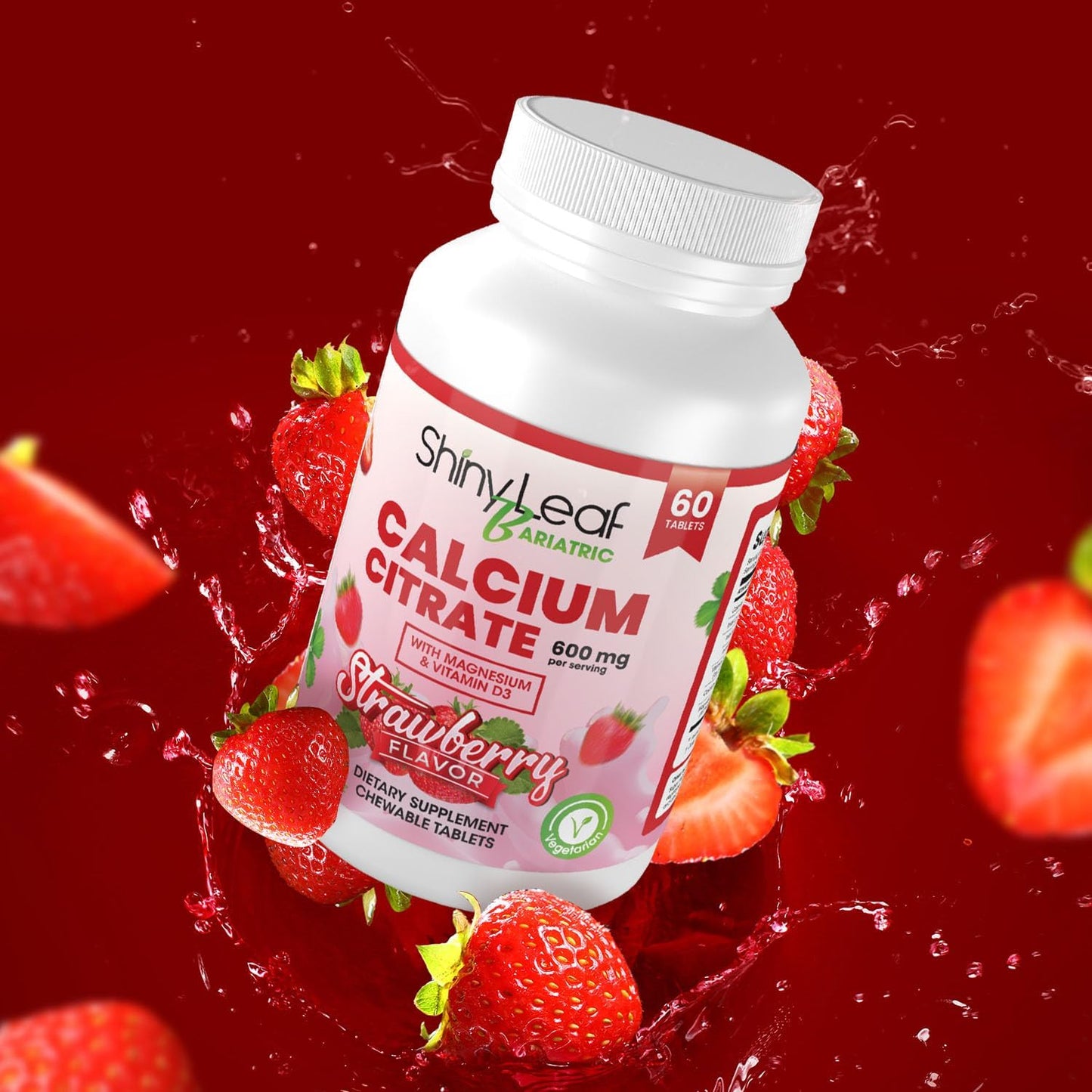 Bariatric Calcium Citrate 600mg Chewable Tablets with Magnesium & Vitamin D3 - 180 Ct, Natural Strawberry Flavor, Vegetarian Formula for Surgery Patients