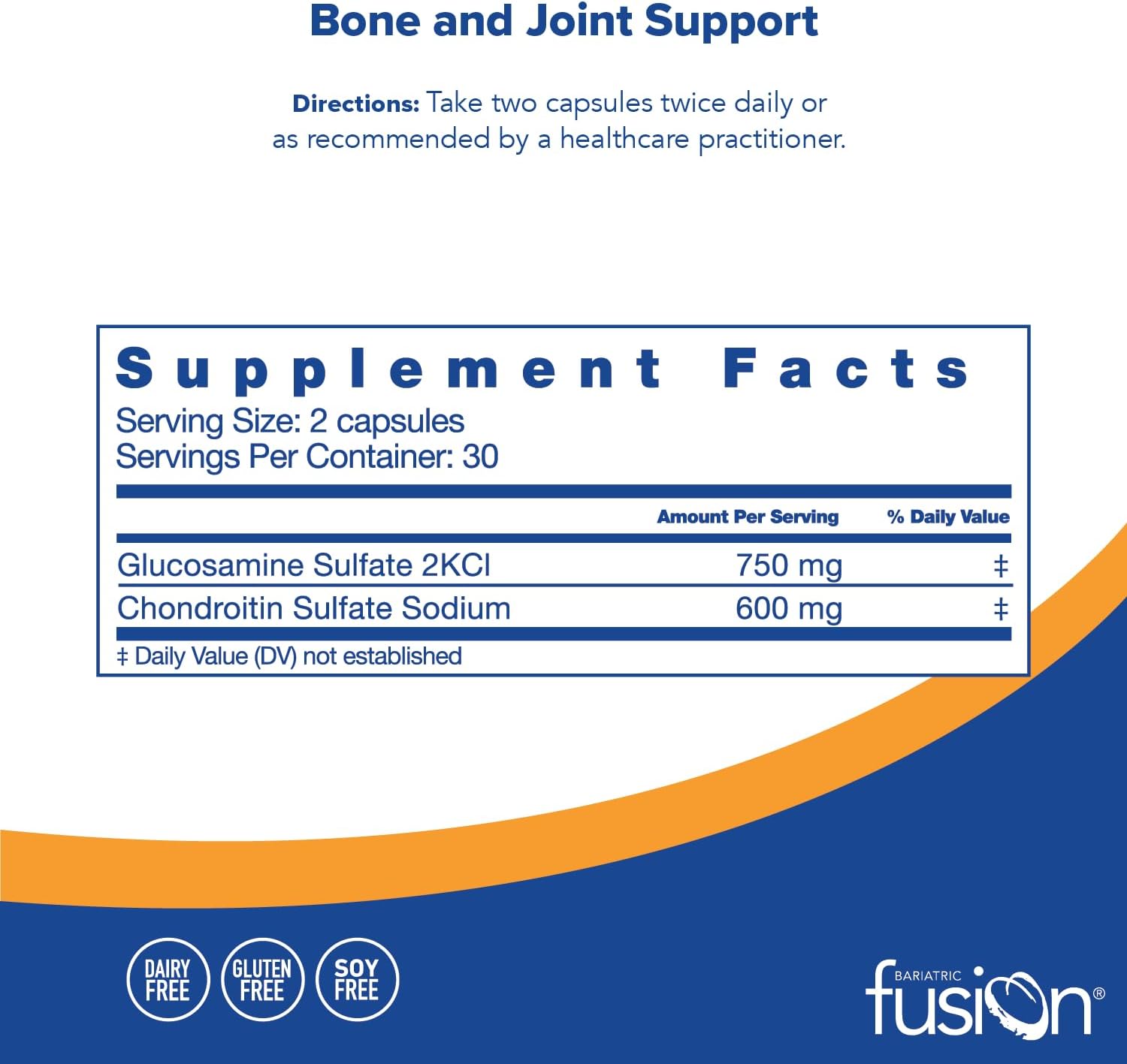 Bariatric Fusion Bone and Joint Support Capsules - Chondroitin & Glucosamine Complex for Men & Women - Non-GMO, Gluten, Dairy, Soy Free - 60 Count